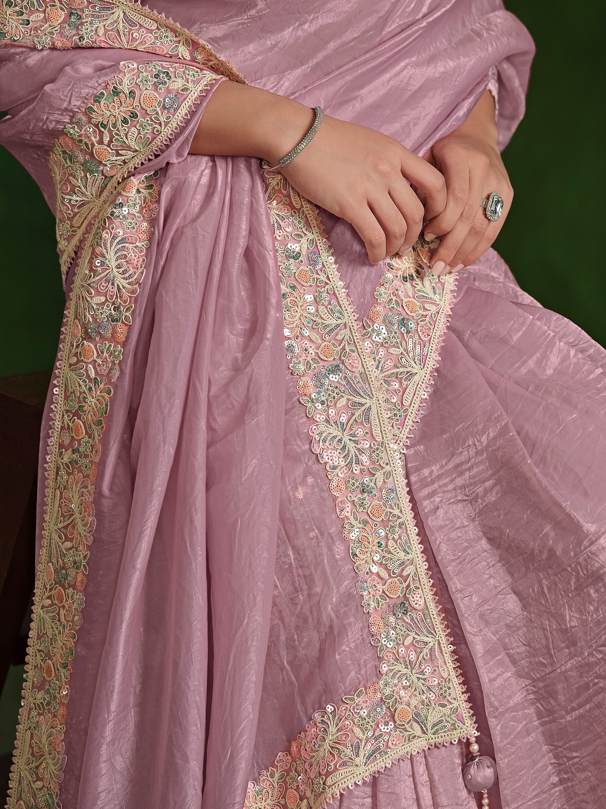 Amazing Light Pink Heavy Border Work Satin Festival Wear Saree