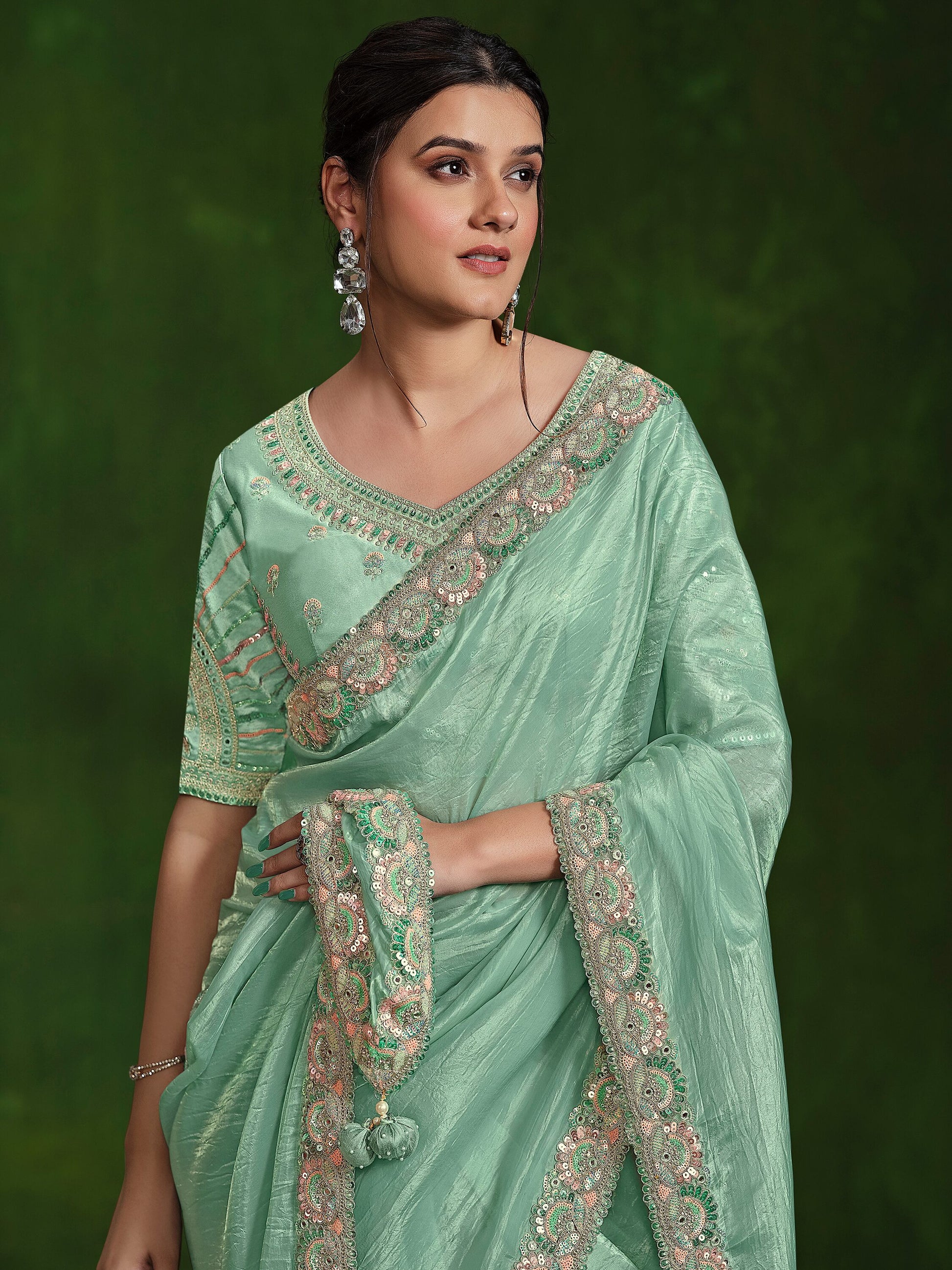 Attractive Turquoise Satin Reception Wear Saree With Blouse