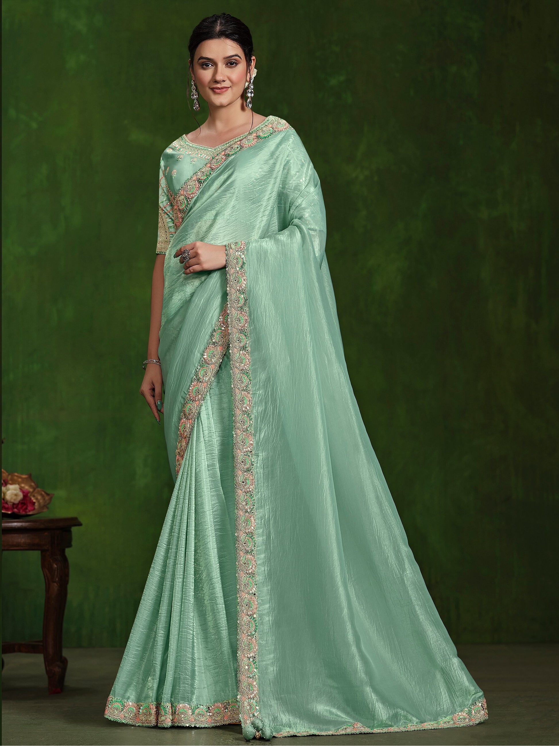 Attractive Turquoise Satin Reception Wear Saree With Blouse