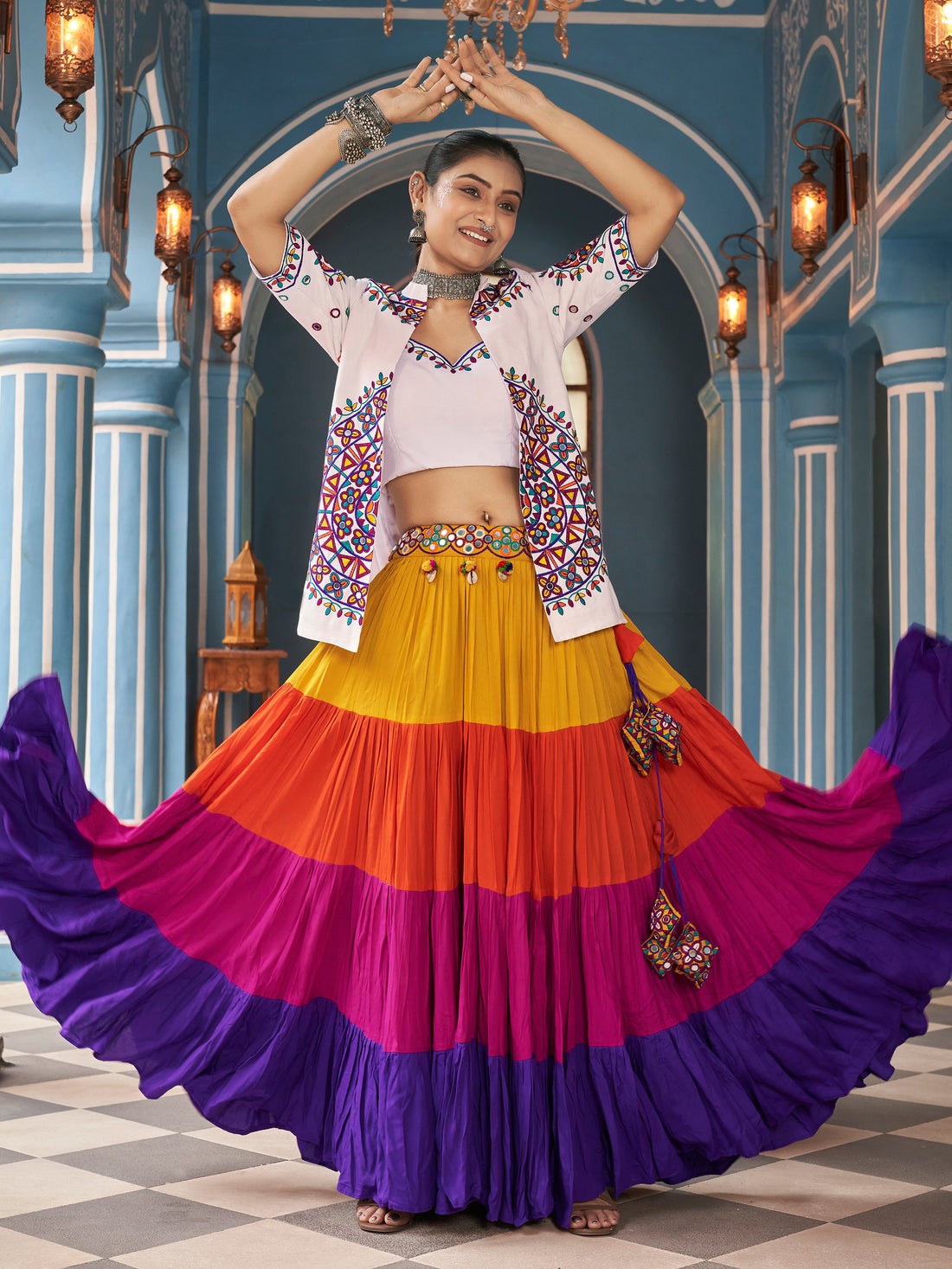 Stunning Multi-Color Rayon Navratri Lehenga Choli With Jacket