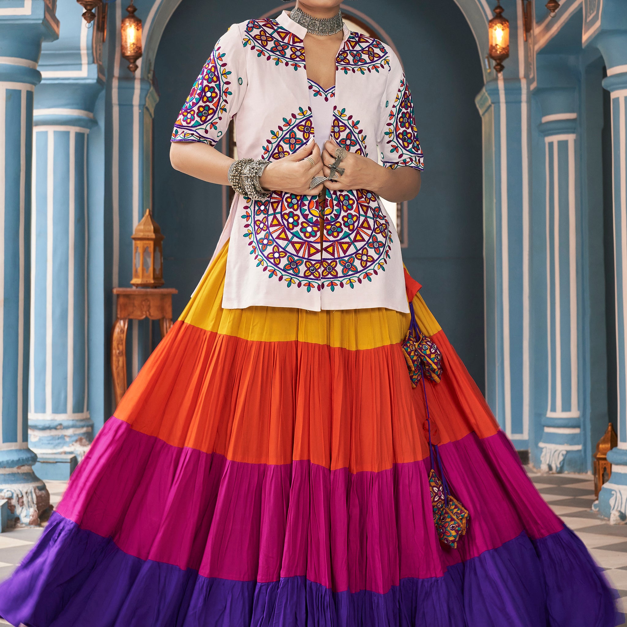 Stunning Multi-Color Rayon Navratri Lehenga Choli With Jacket