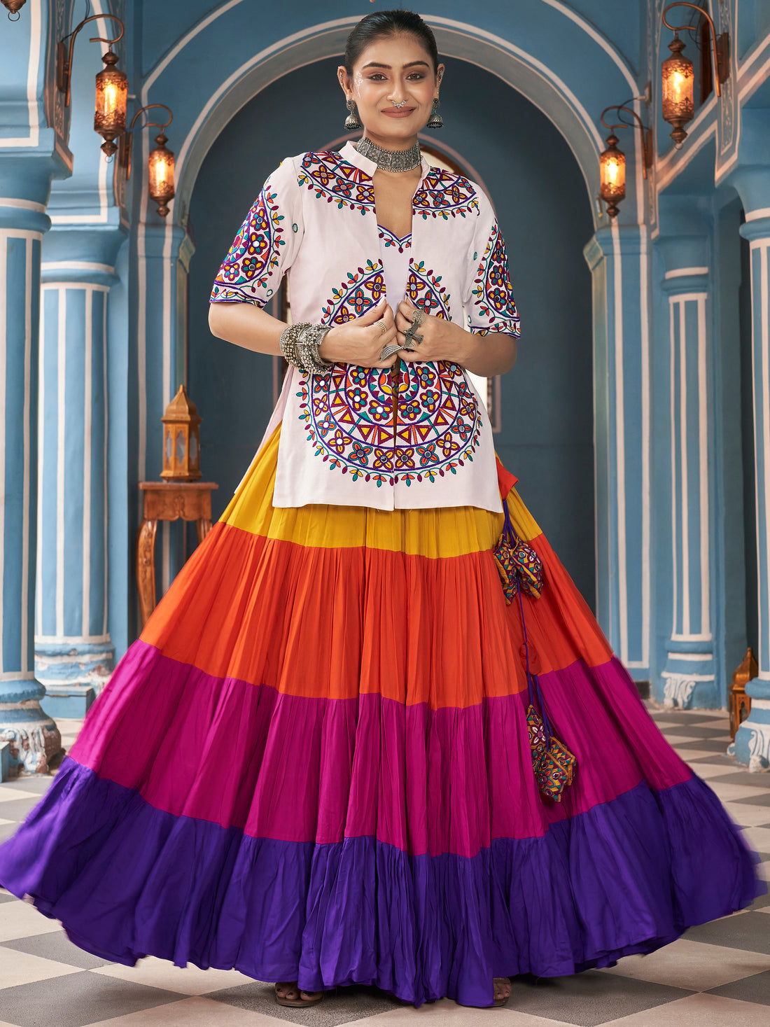Stunning Multi-Color Rayon Navratri Lehenga Choli With Jacket