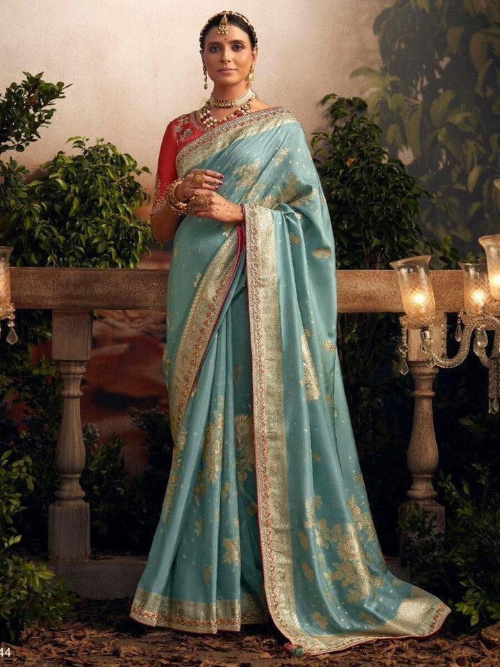 Fancified Sky Blue Zari Woven Events Wear Silk Saree With Blouse