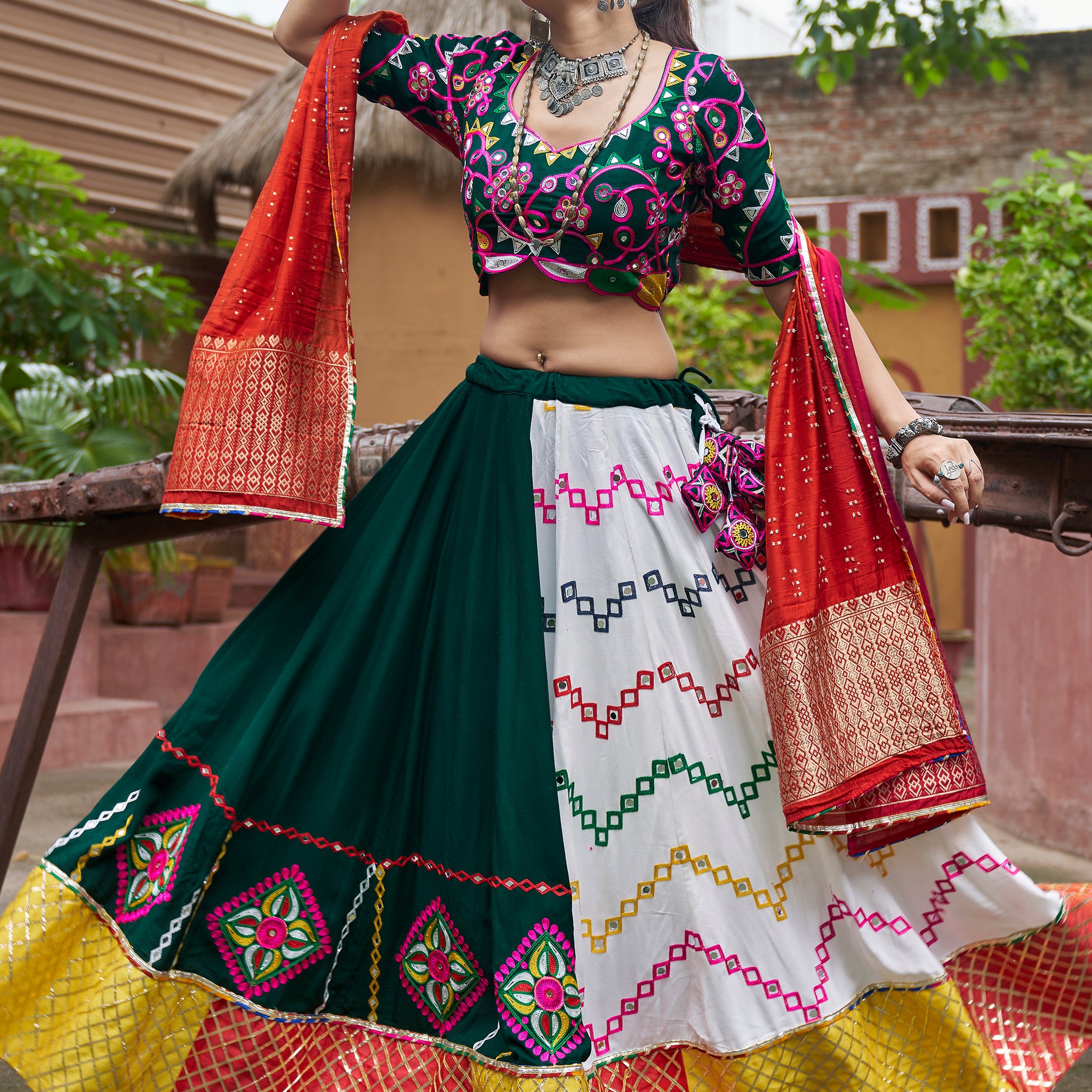 Attractive Multi-Color Mirror Work Rayon Navratri Wear Lehenga Choli