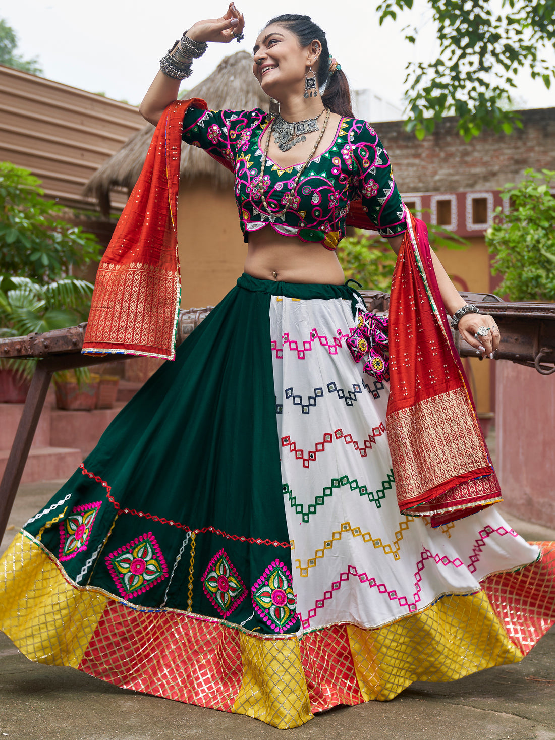 Attractive Multi-Color Mirror Work Rayon Navratri Wear Lehenga Choli