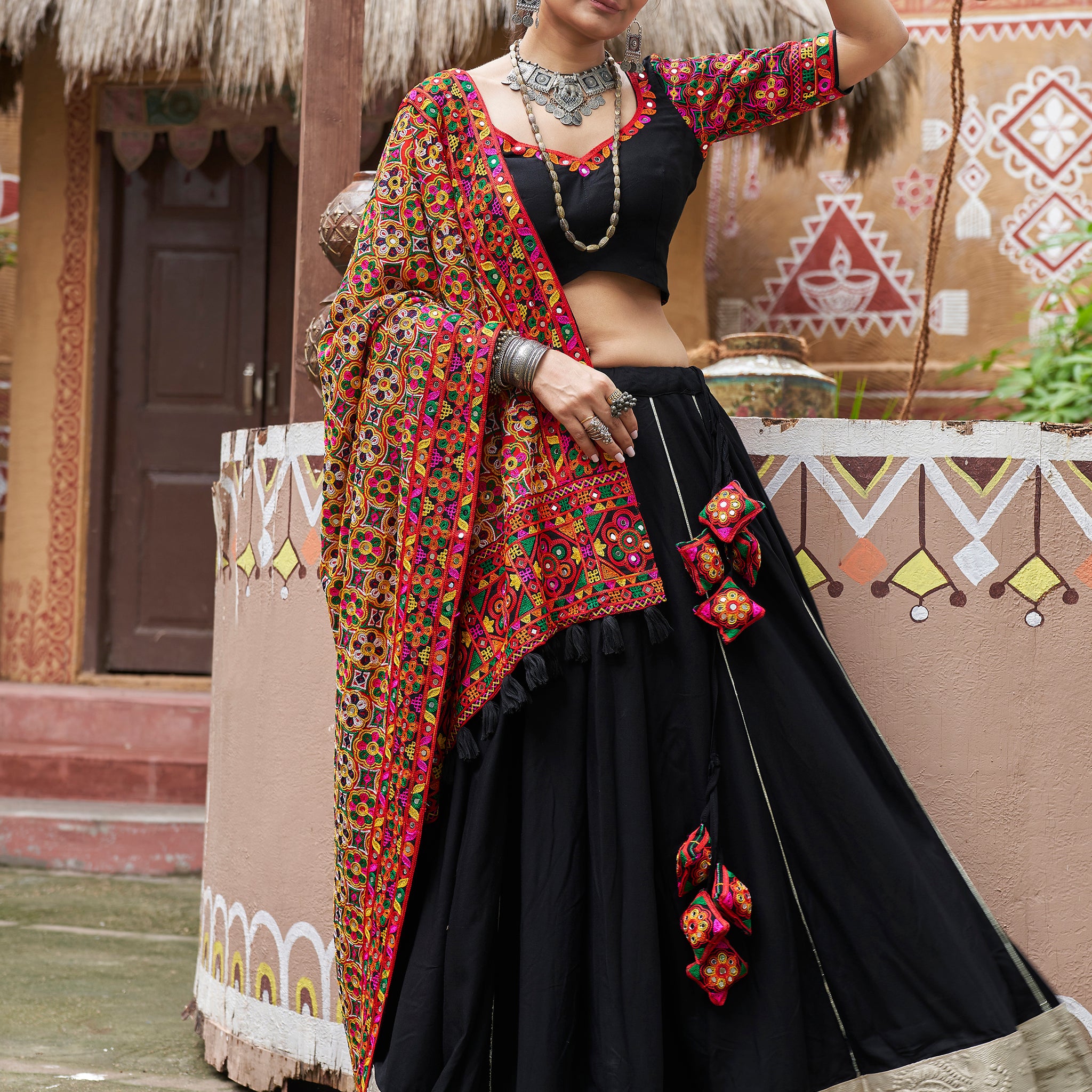 Captivating Black Embroidered Rayon Navratri Wear Lehenga Choli