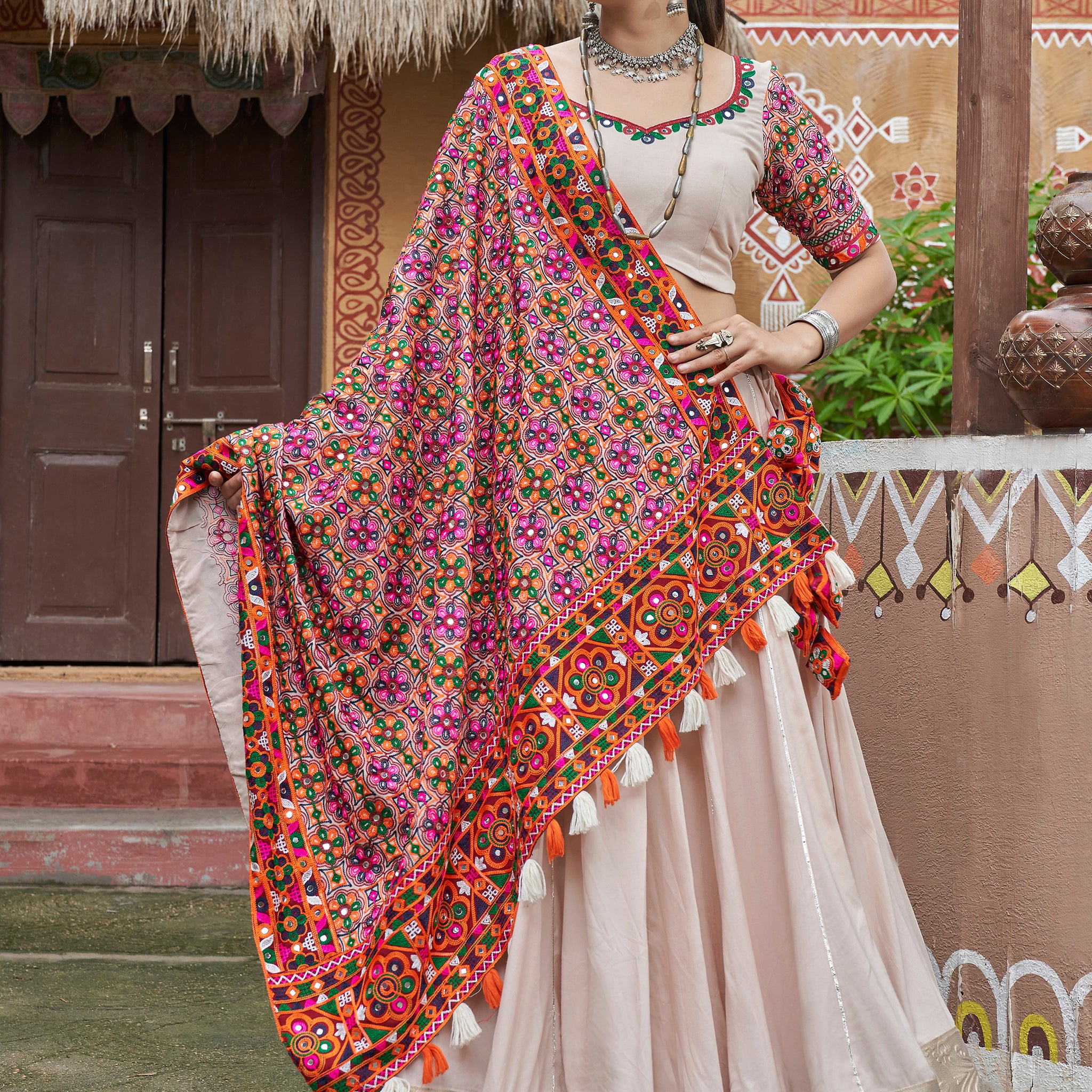 Glamorous Beige Rayon Navratri Wear Lehenga Choli With Dupatta