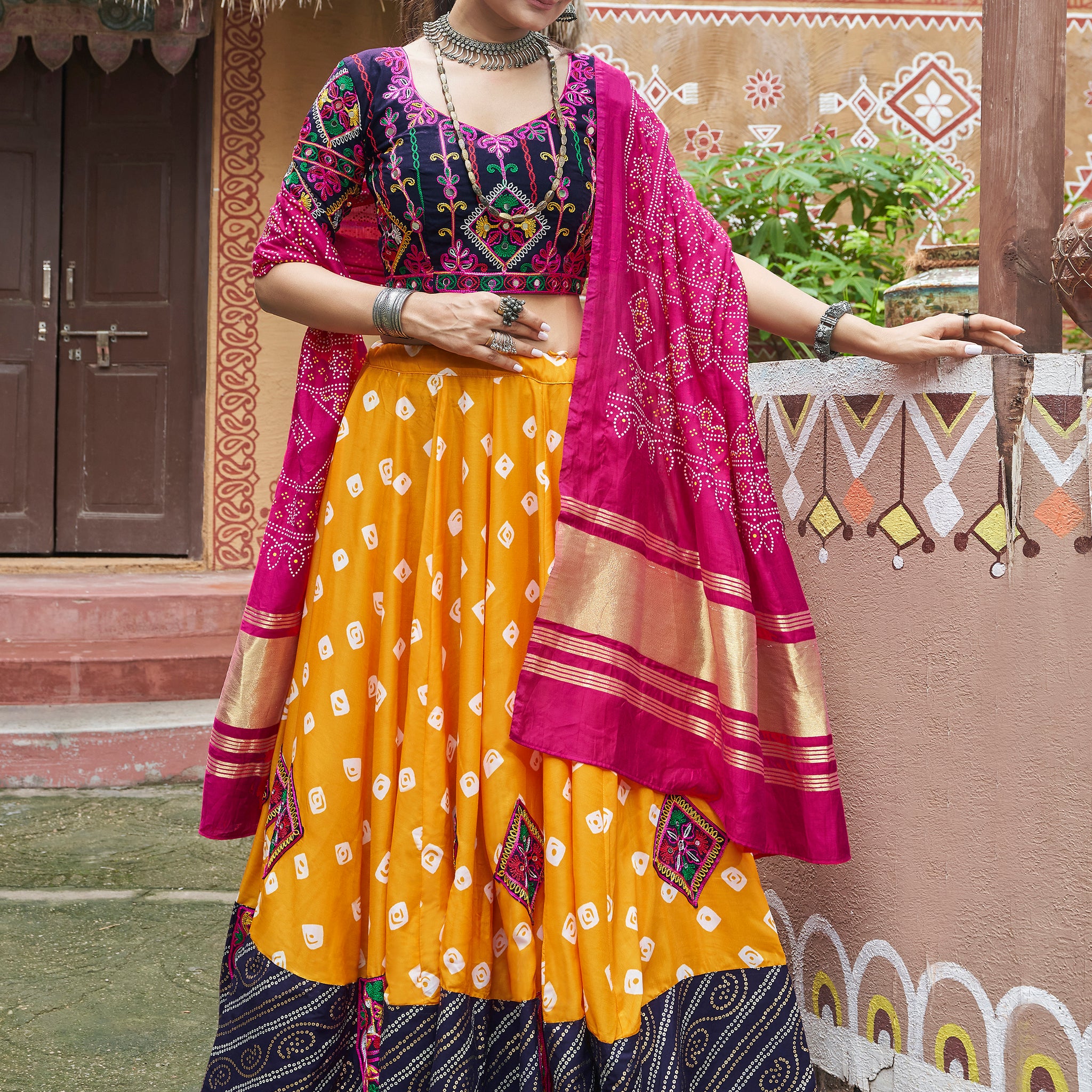 Precious Yellow Embroidered Cotton Navratri Lehenga Choli With Dupatta