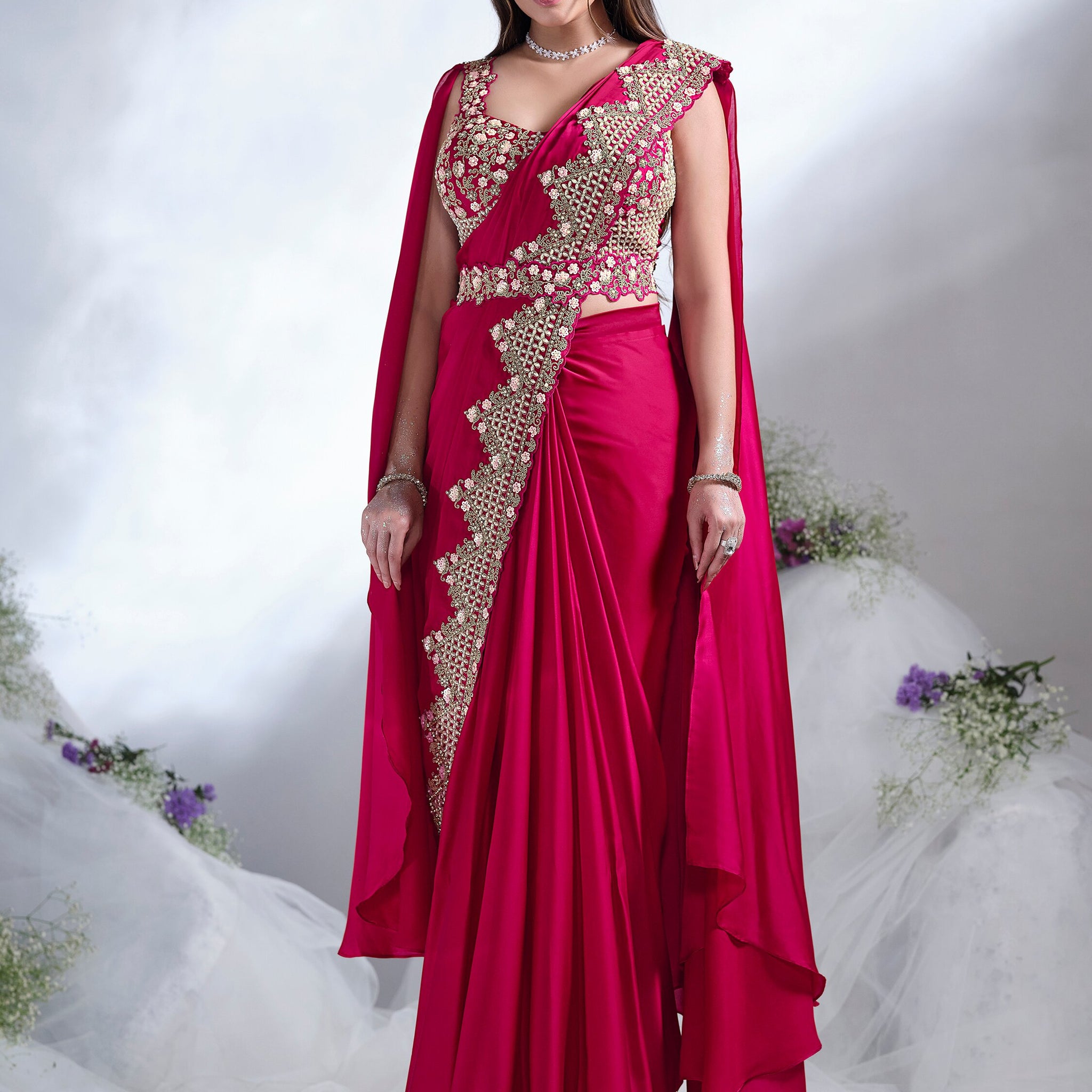 Attractive Rani Pink Heavy Lace Work Satin Pre-Stitched Saree