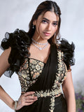 Stunning Black Sequins Satin Ready To Wear Designer Saree With Blouse