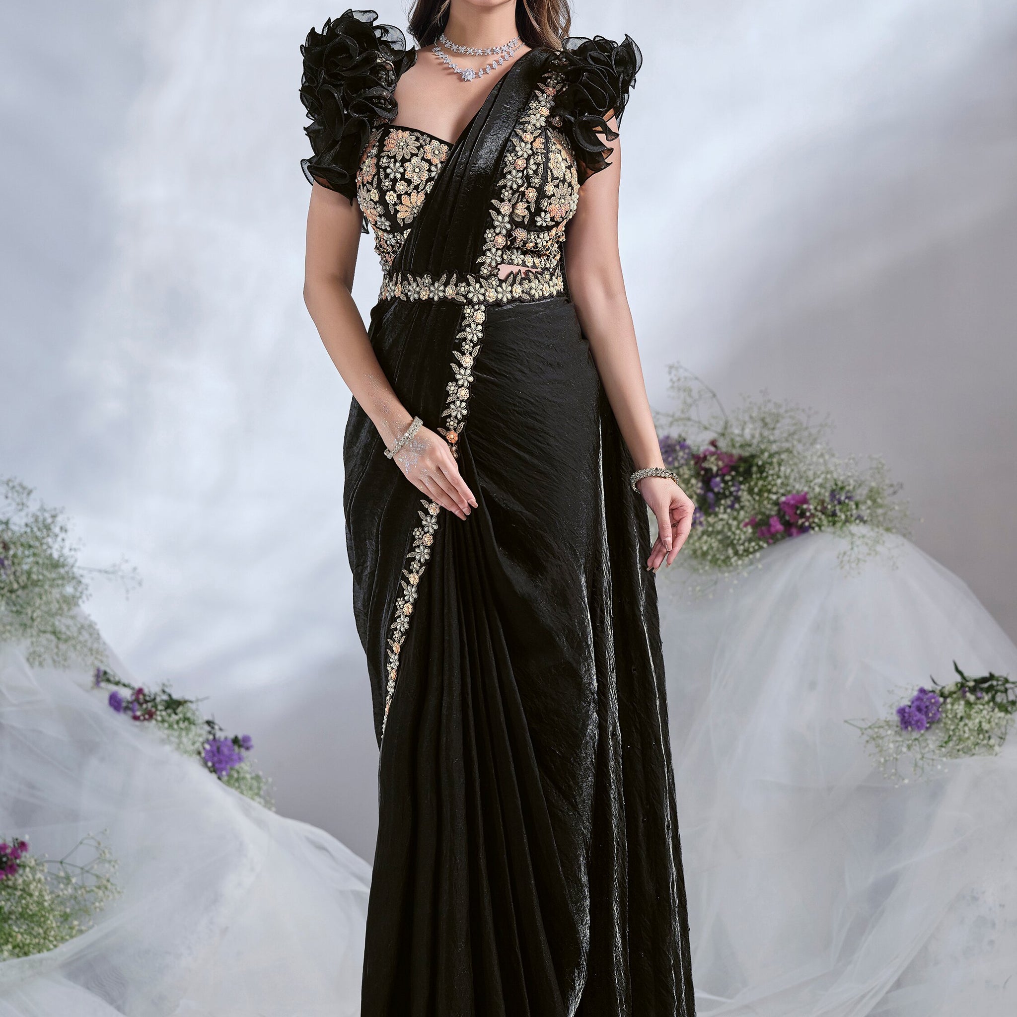 Stunning Black Sequins Satin Ready To Wear Designer Saree With Blouse