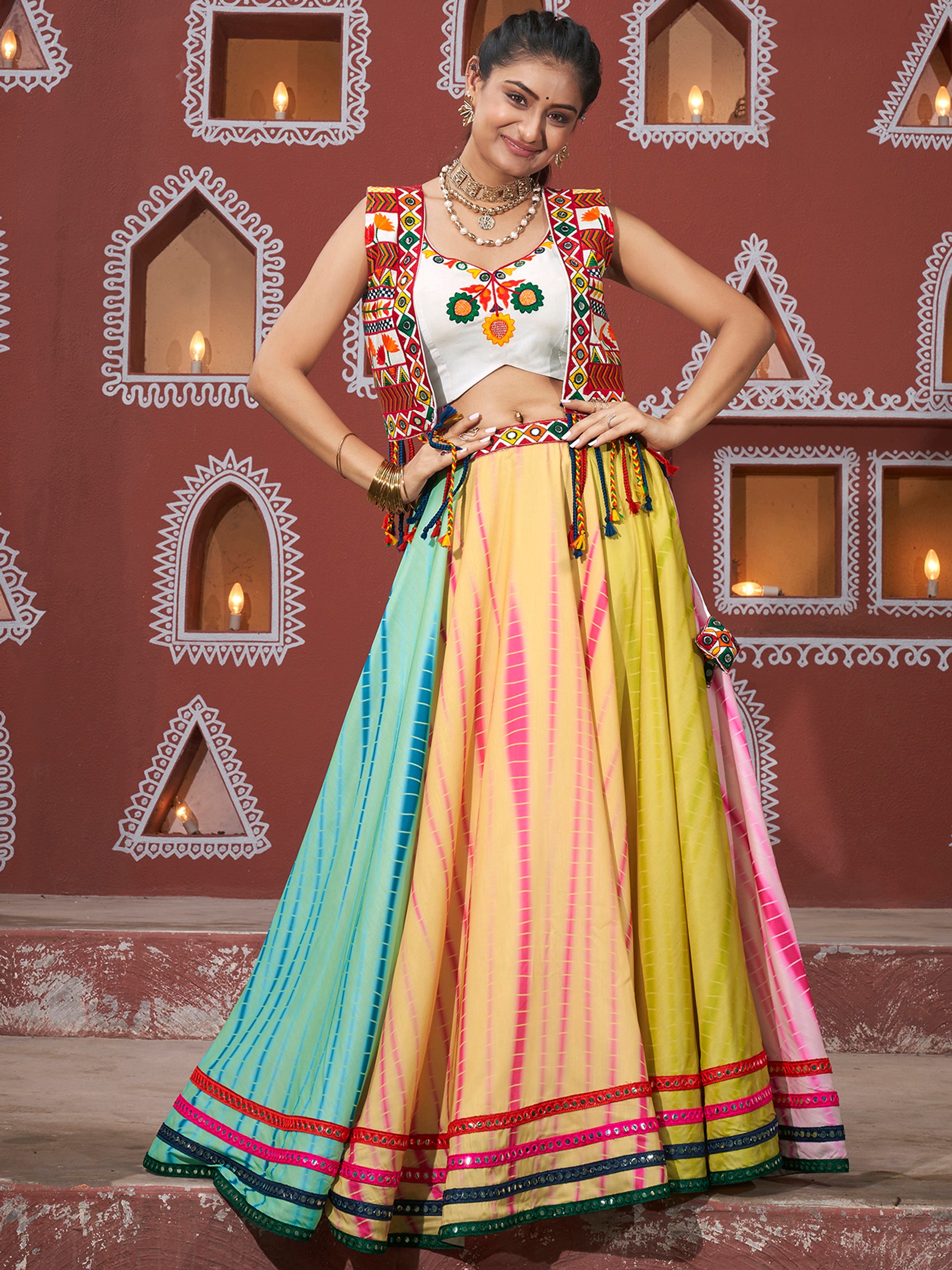 Alluring Multi-Color Mirror Work Navratri Lehenga Choli With Jacket