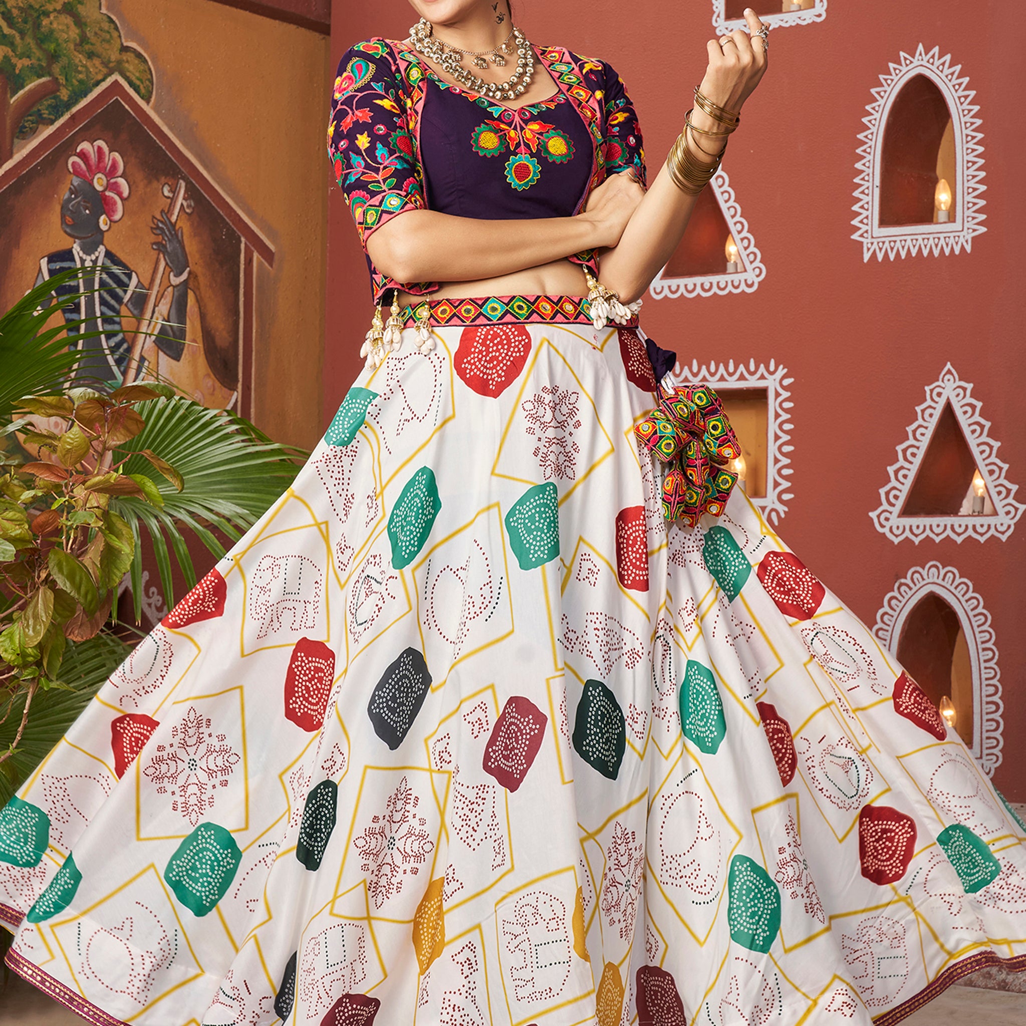 Enchanting White Printed Navratri Lehenga Choli With Jacket