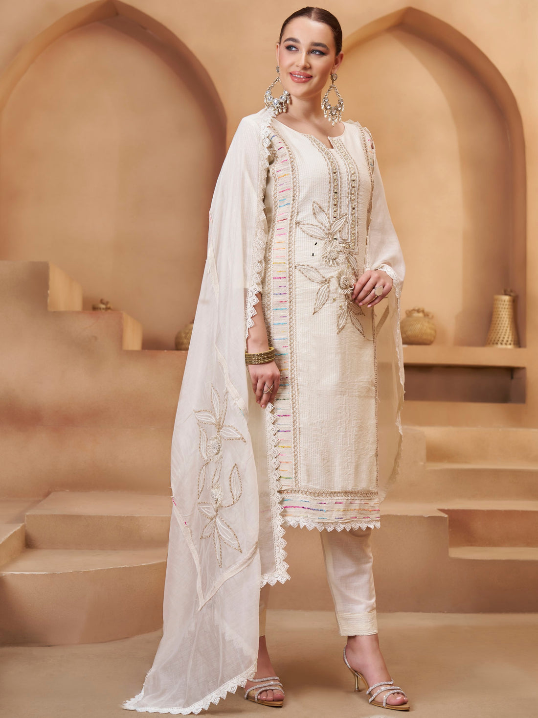 Excellent Off-White Joot Work Cotton Festive Wear Pant Suit With Dupatta