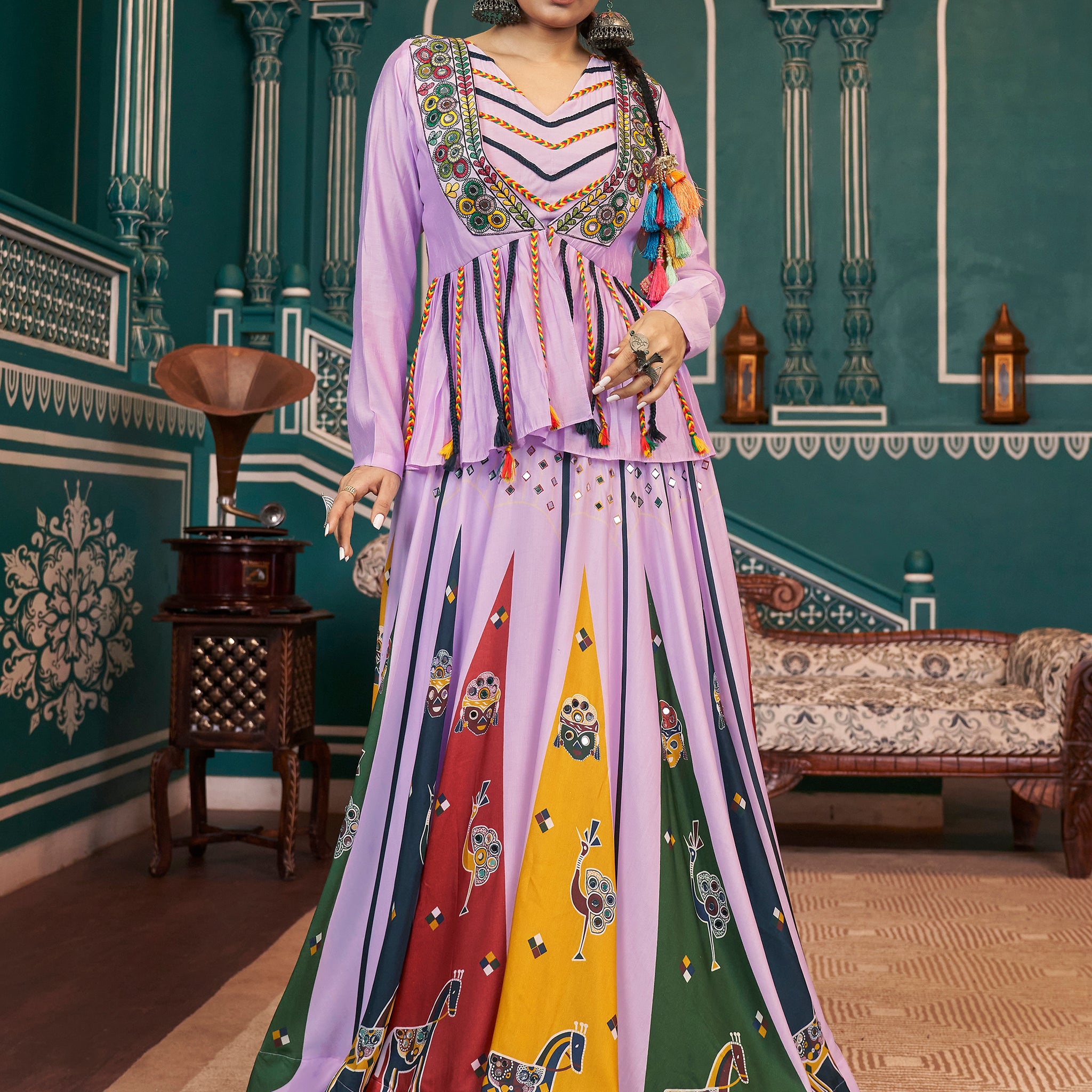 Beautiful Light Purple Printed Silk Navratri Lehenga Choli With Jacket