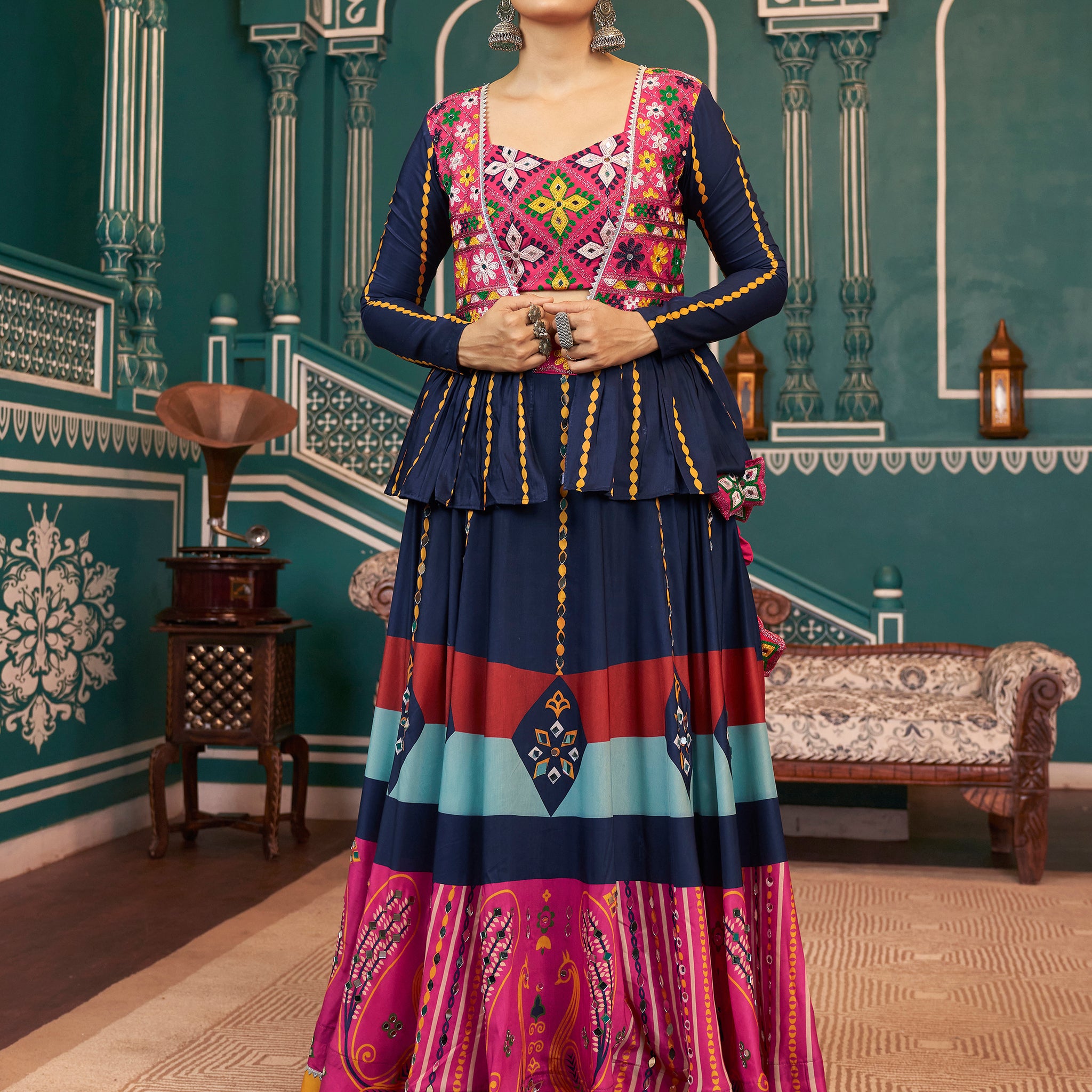 Stunning Multi-Color Printed Silk Navratri Lehenga Choli With Jacket