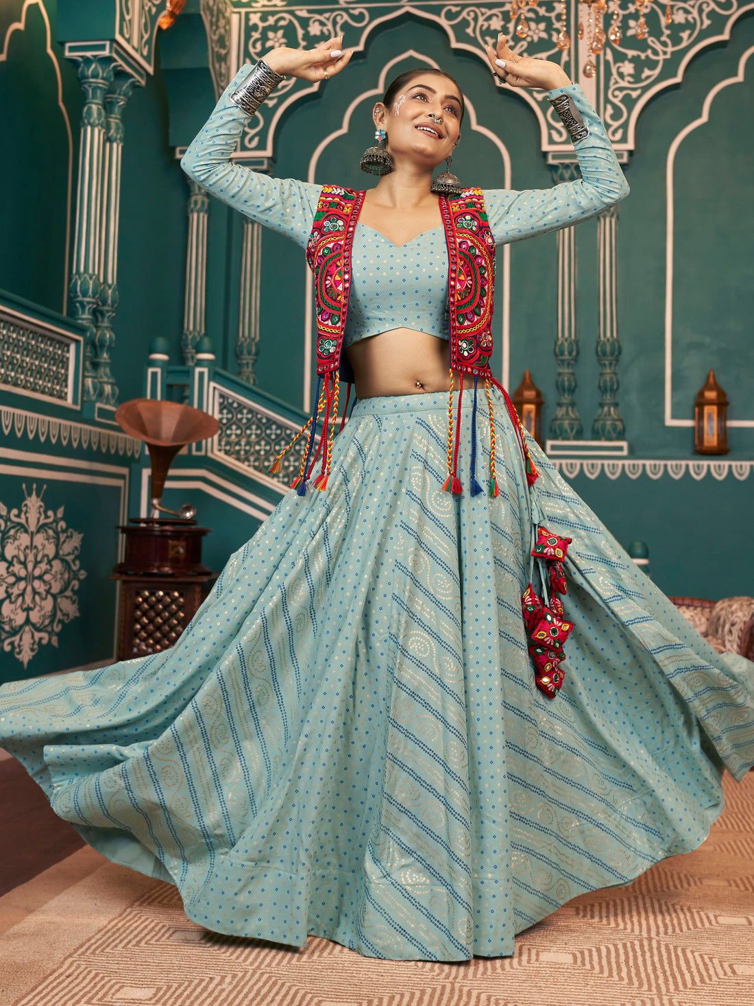 Incredible Pista Green Printed Rayon Navratri Lehenga Choli With Jacket