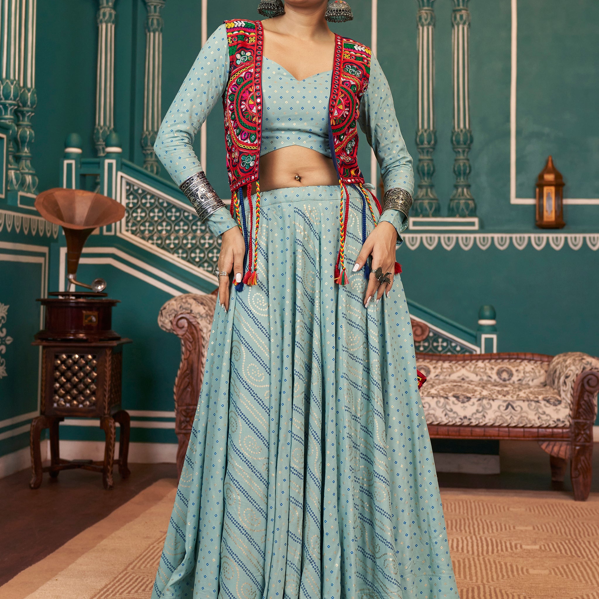 Incredible Pista Green Printed Rayon Navratri Lehenga Choli With Jacket