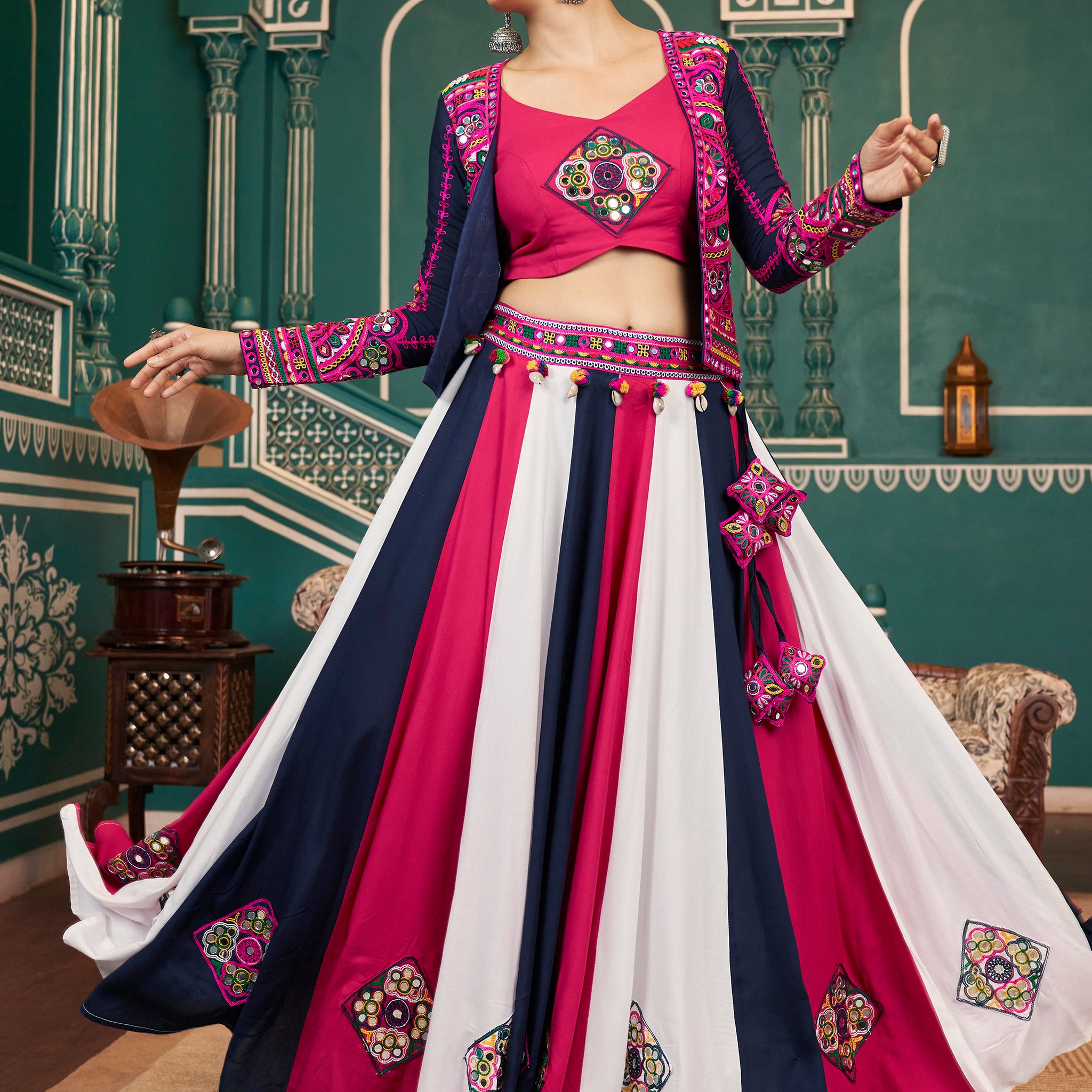 Astonishing Multi-Color Mirror Work Rayon Lehenga Choli With Jacket