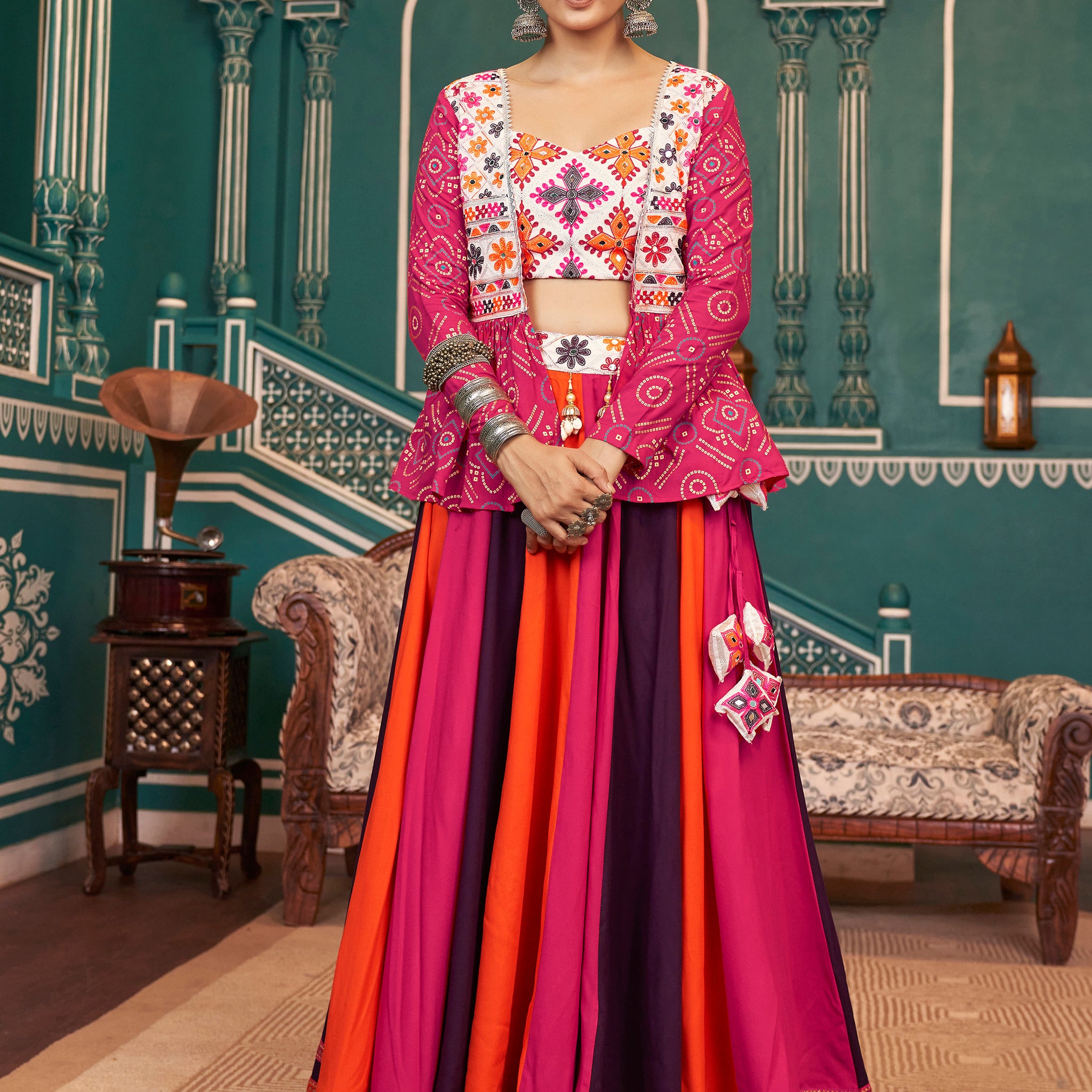 Spectacular Multi-Color Rayon Navratri Lehenga Choli With Jacket