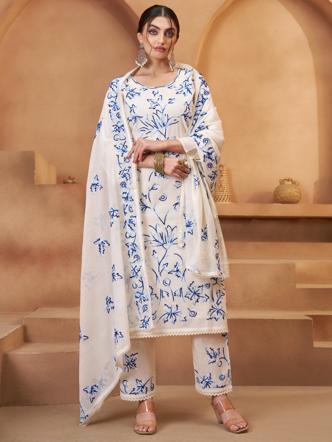 Precious Off-White Thread Embroidery Cotton Pant Suit With Dupatta