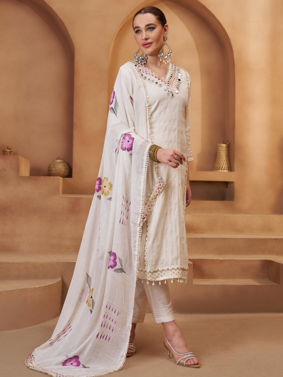 Gorgeous Off-White Thread Work Cotton Function Wear Pant Suit With Dupatta
