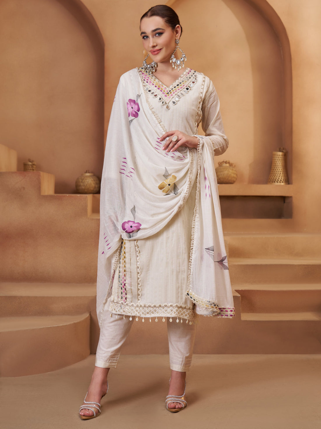 Gorgeous Off-White Thread Work Cotton Function Wear Pant Suit With Dupatta