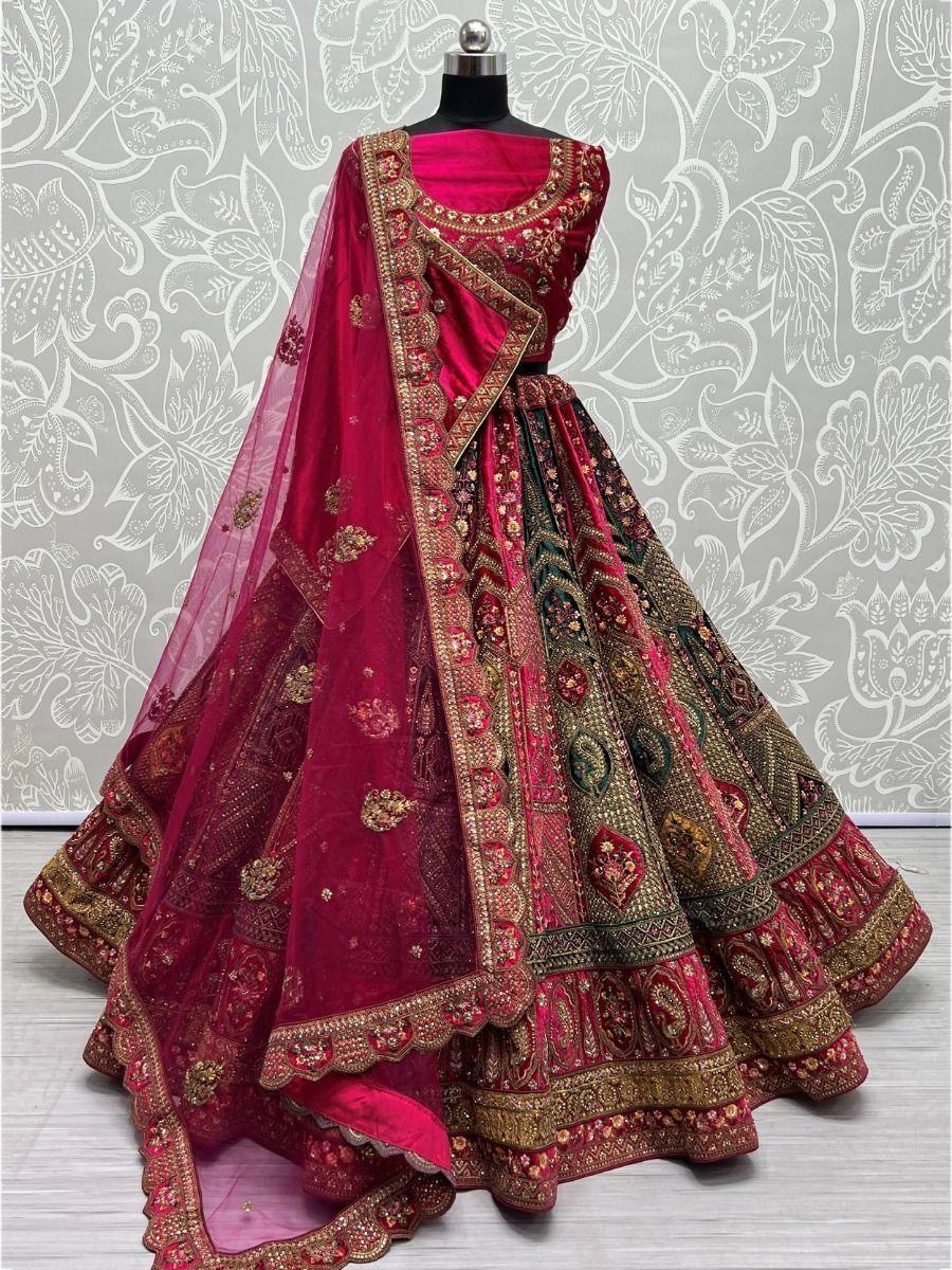 Magnetic Pink Fancy Embroidered Velvet Bridal Wear Lehenga Choli