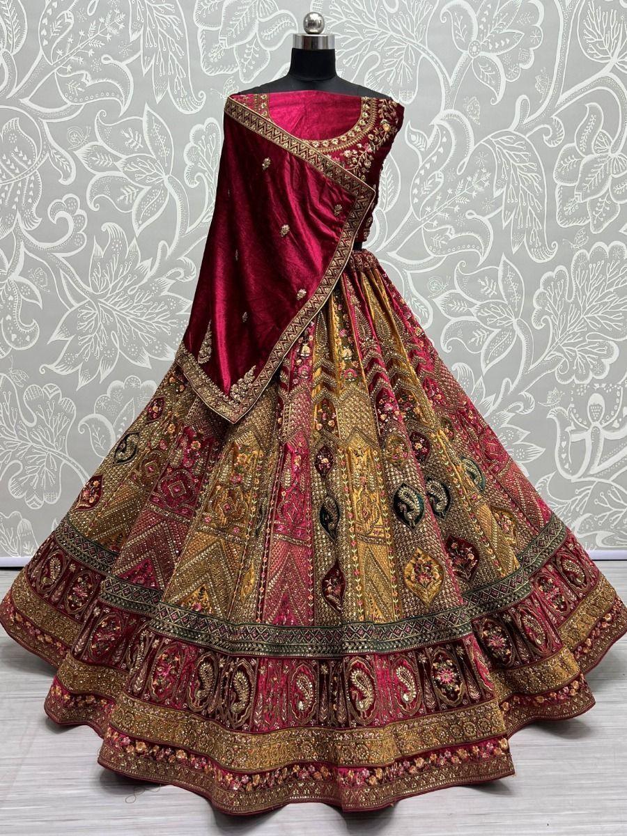 Charming Pink Embroidered Velvet Bridal Wear Lehenga Choli