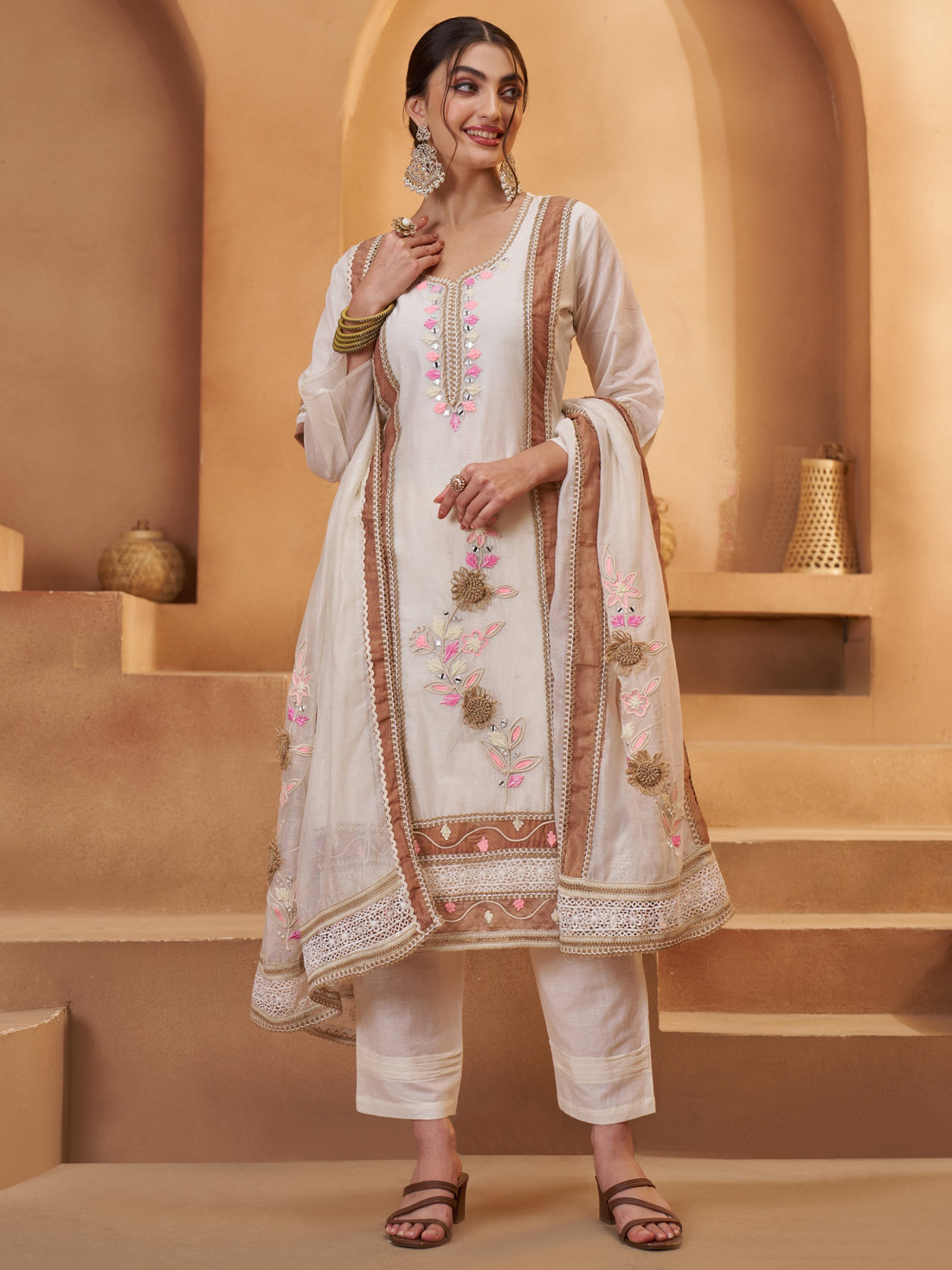 Delicate Off-White Joot Work Cotton Designer Pant Suit With Dupatta