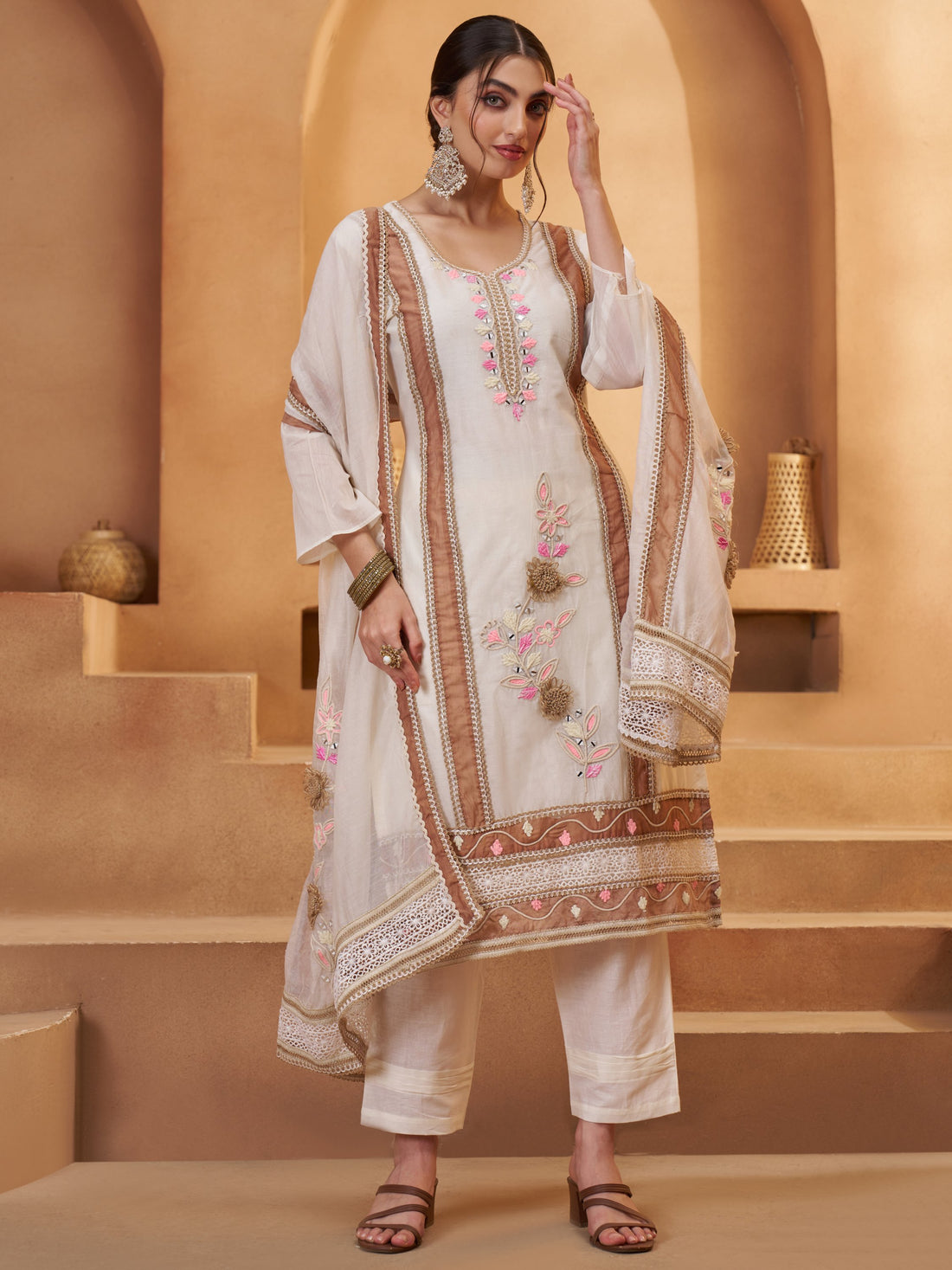 Delicate Off-White Joot Work Cotton Designer Pant Suit With Dupatta