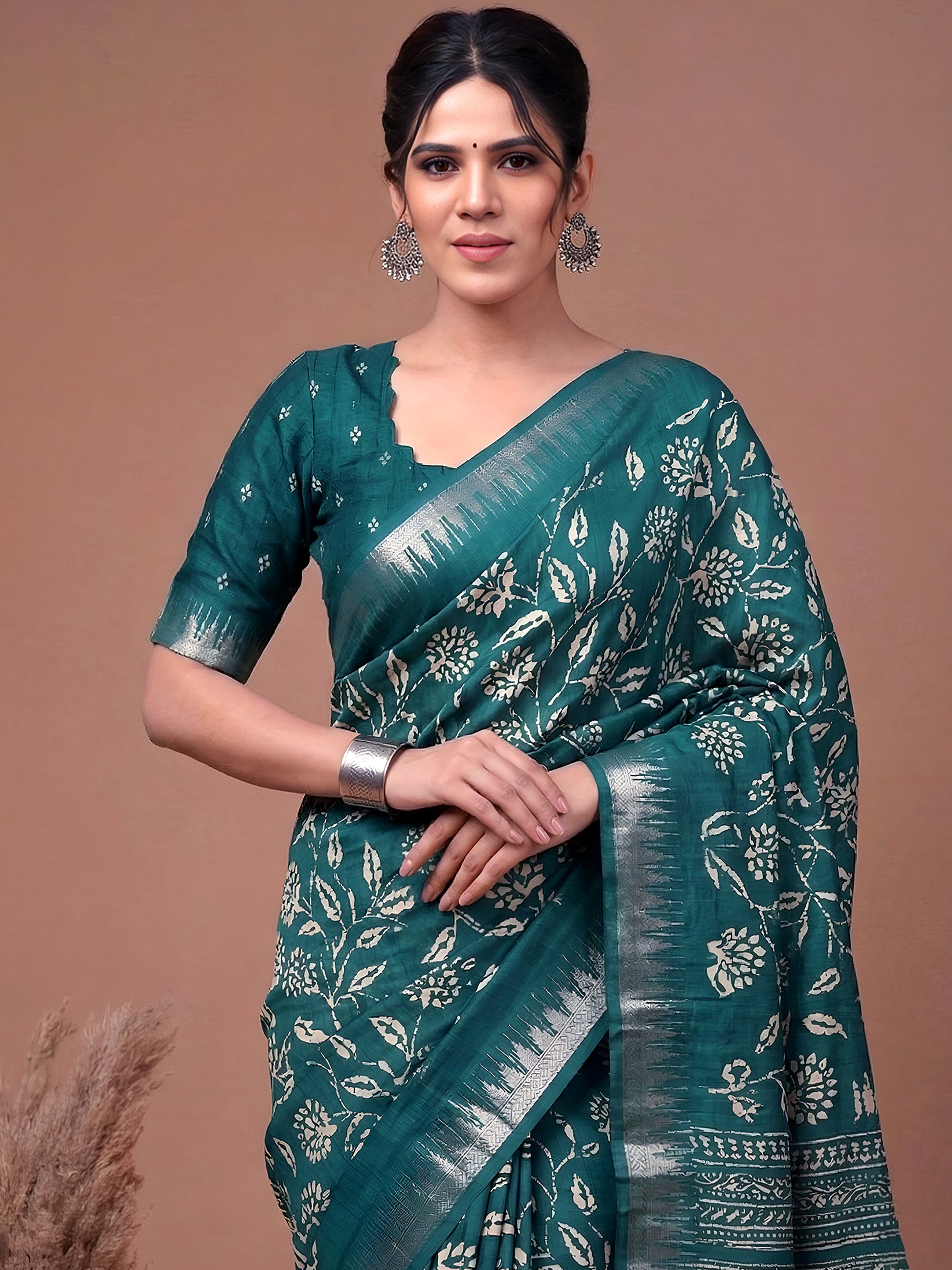 Attractive Teal Green Floral Printed Silk Casual Wear Saree With Blouse