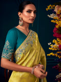 Beautiful Yellow Embroidered Kanjivaram Silk Wedding Wear Saree