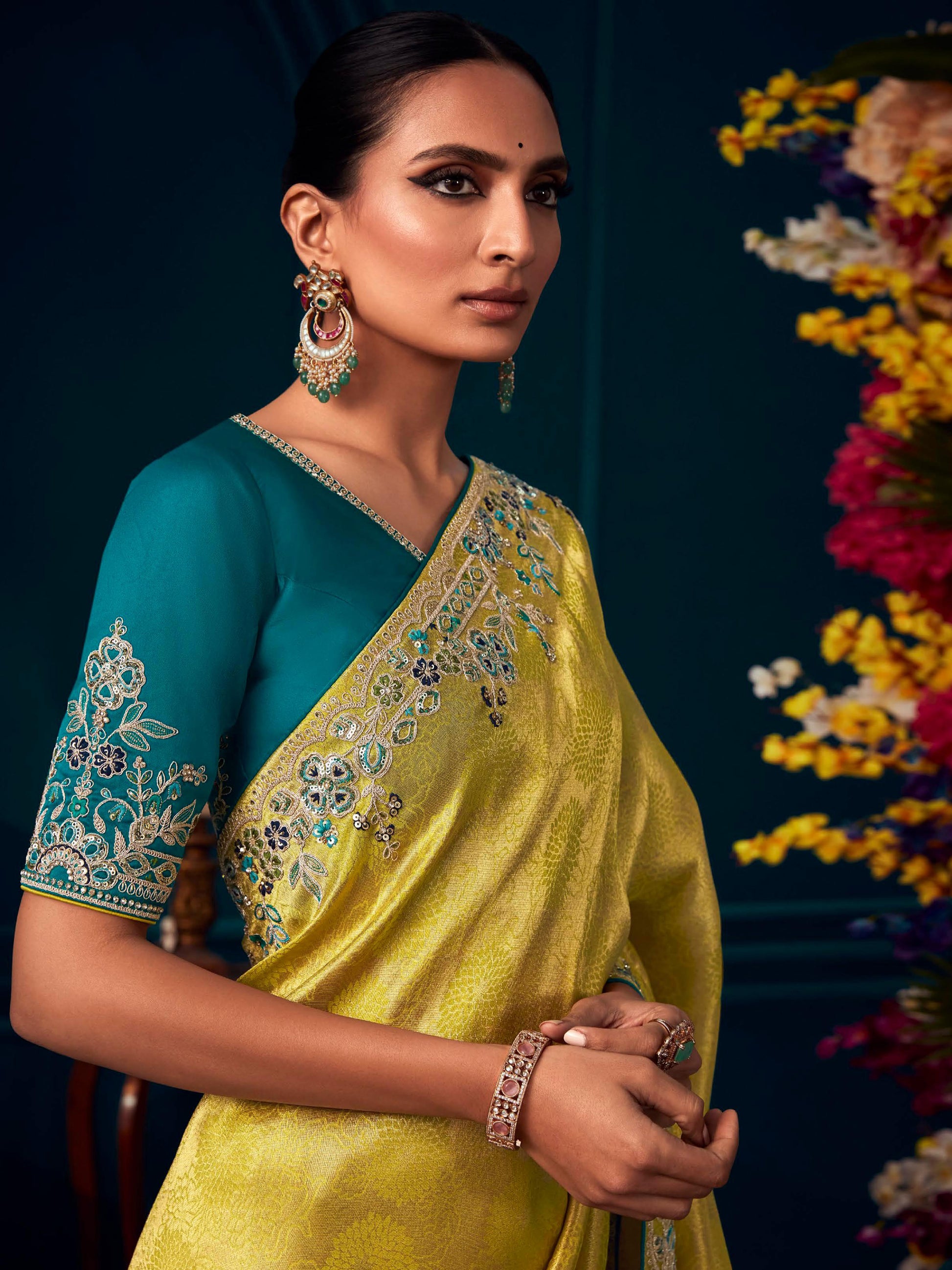 Beautiful Yellow Embroidered Kanjivaram Silk Wedding Wear Saree