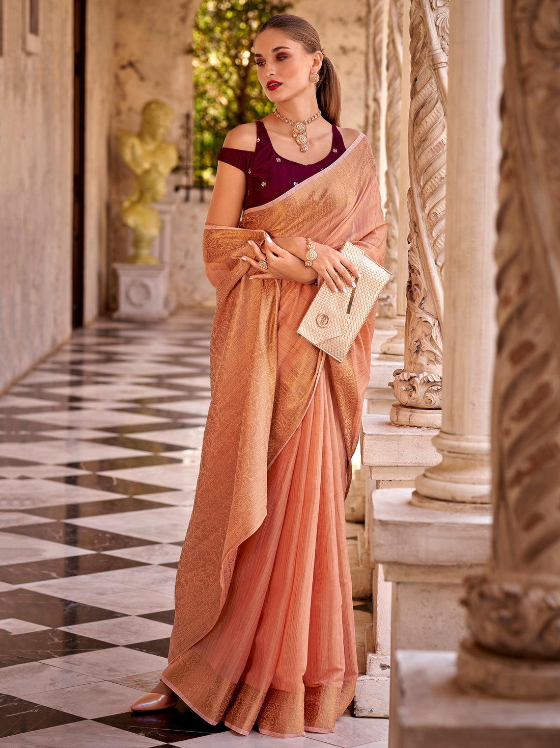 Marvelous Peach Zari Weaving Tissue Silk Casual Wear Saree With Blouse