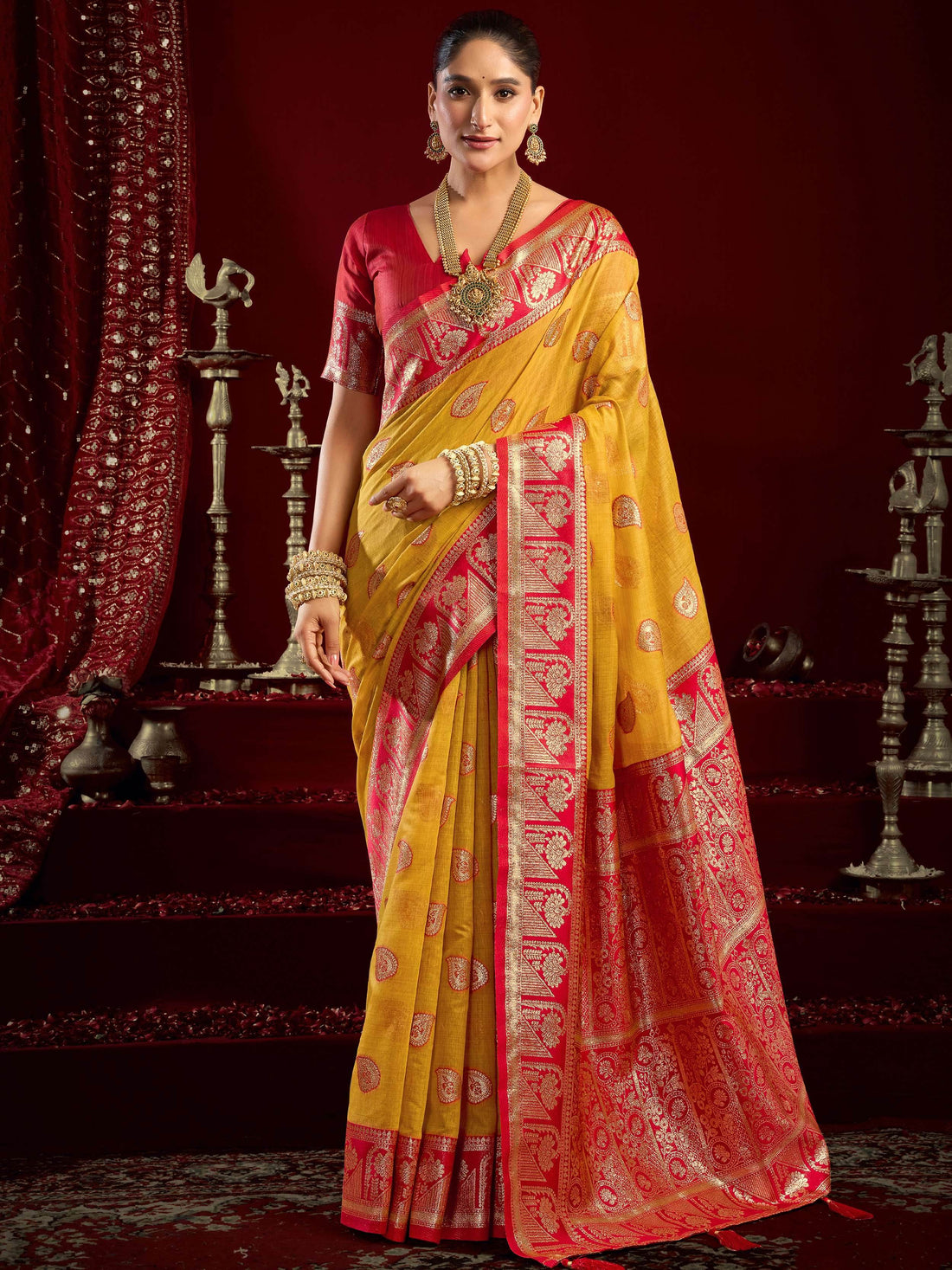 Aesthetic Yellow Zari Weaving Banarasi Silk Wedding Wear Saree With Blouse