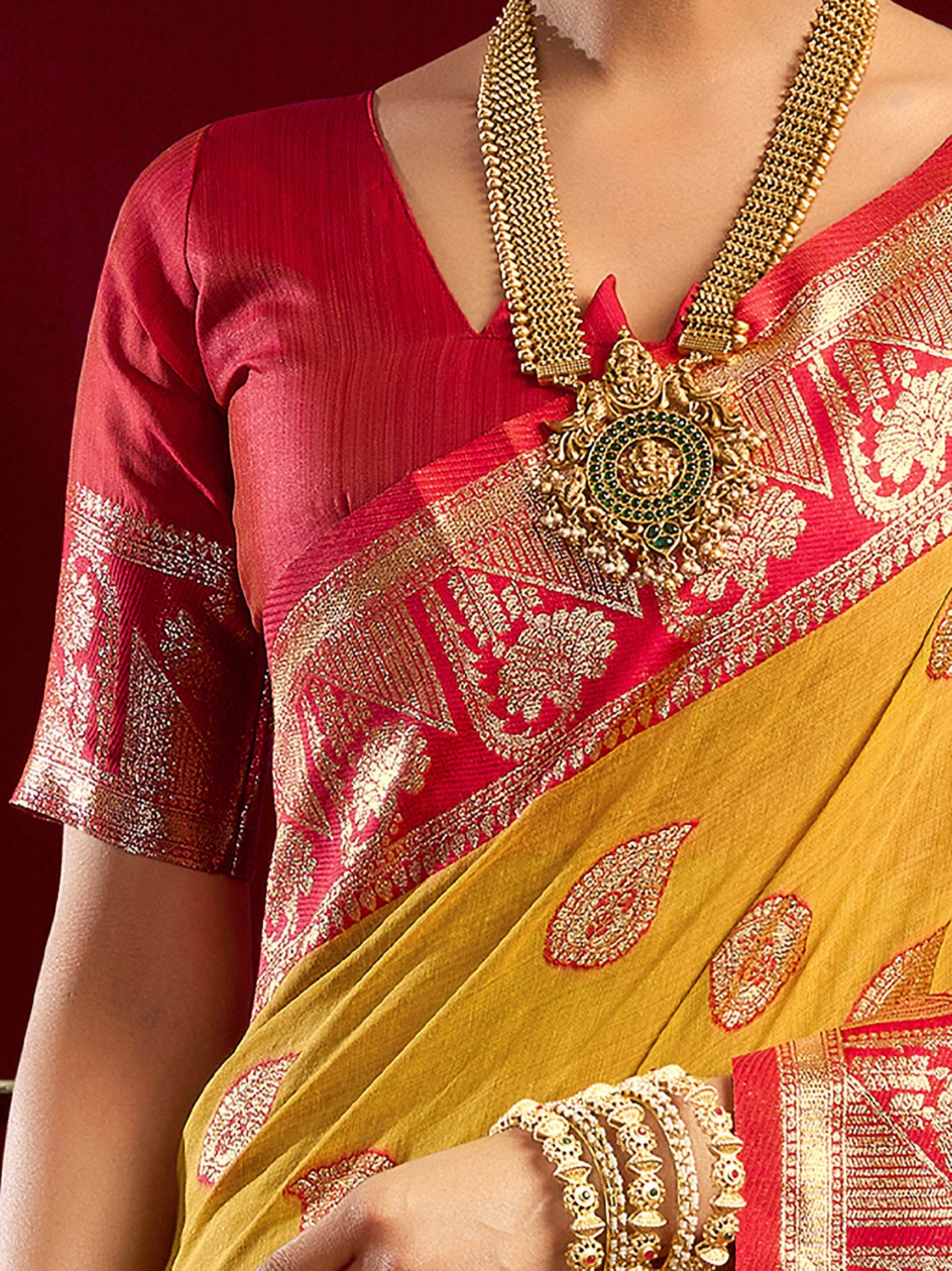 Aesthetic Yellow Zari Weaving Banarasi Silk Wedding Wear Saree With Blouse