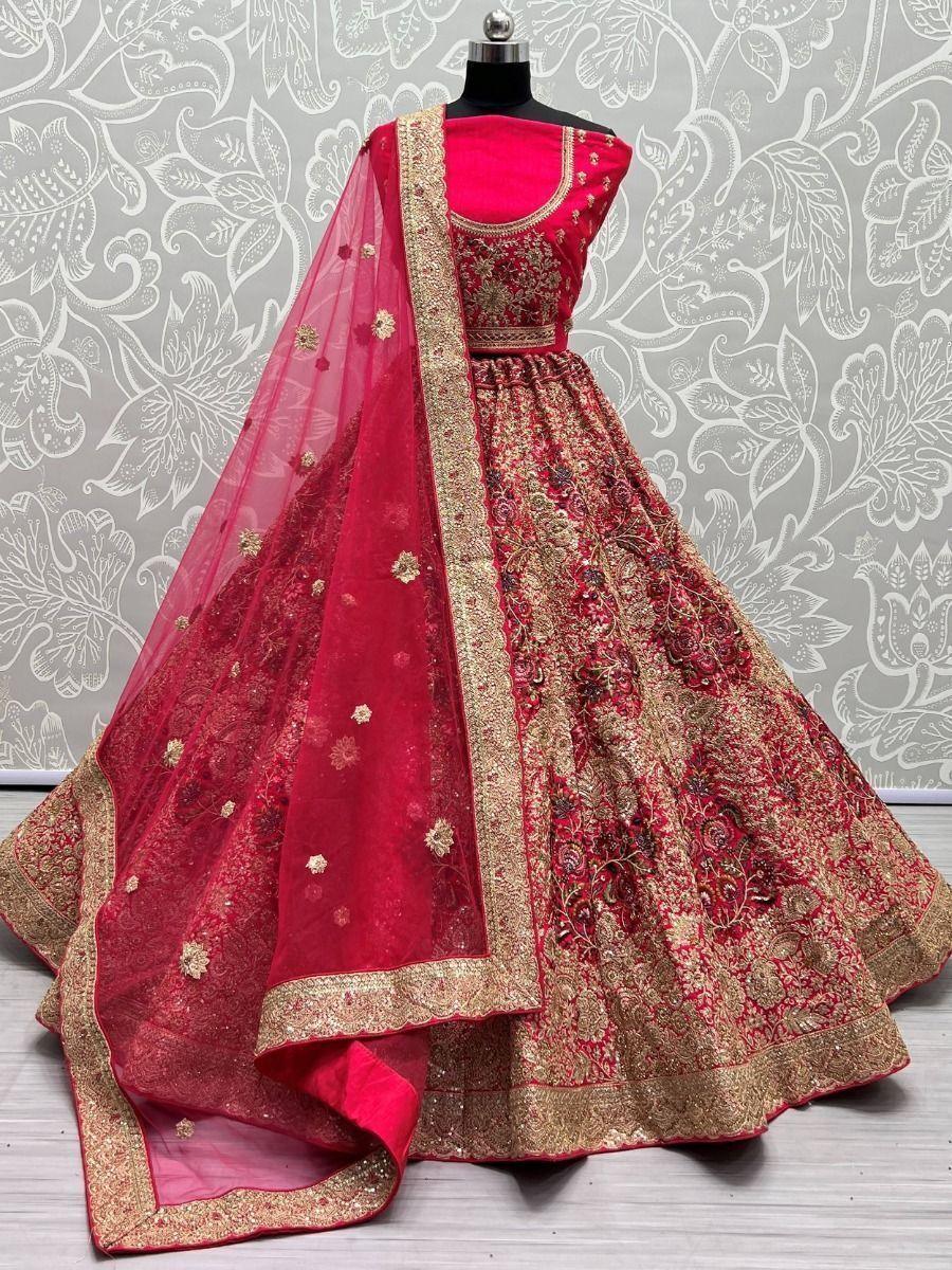 Attractive Pink Thread Work Velvet Bridal Wear Lehenga Choli