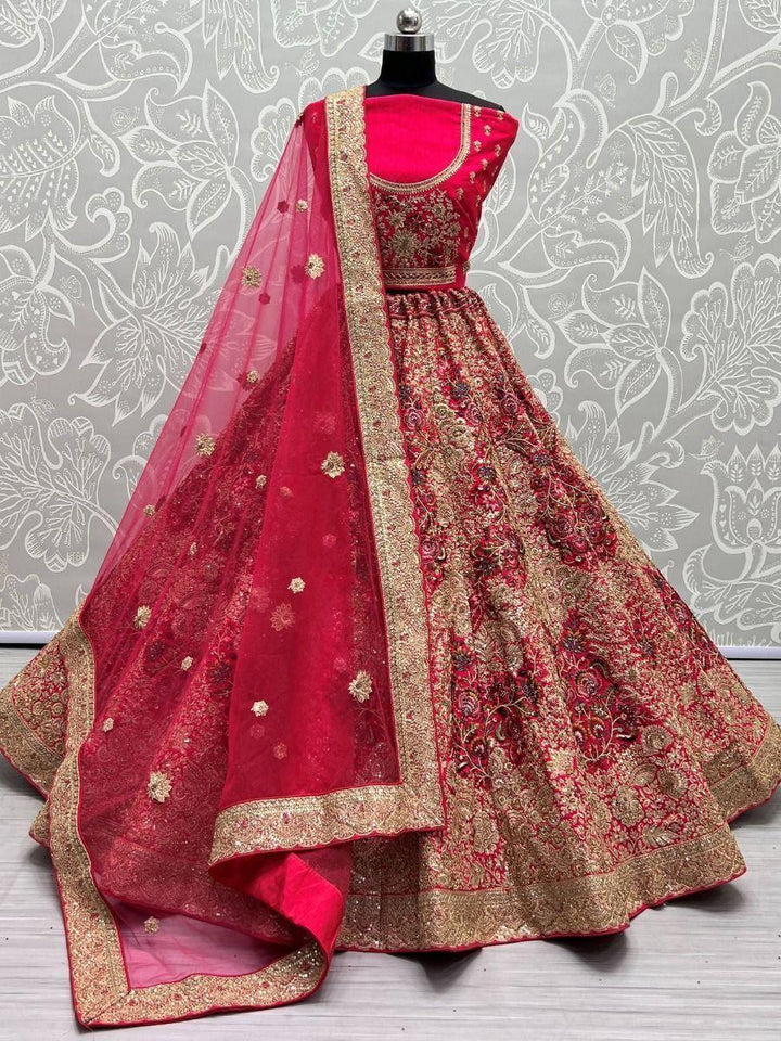 Attractive Pink Thread Work Velvet Bridal Wear Lehenga Choli