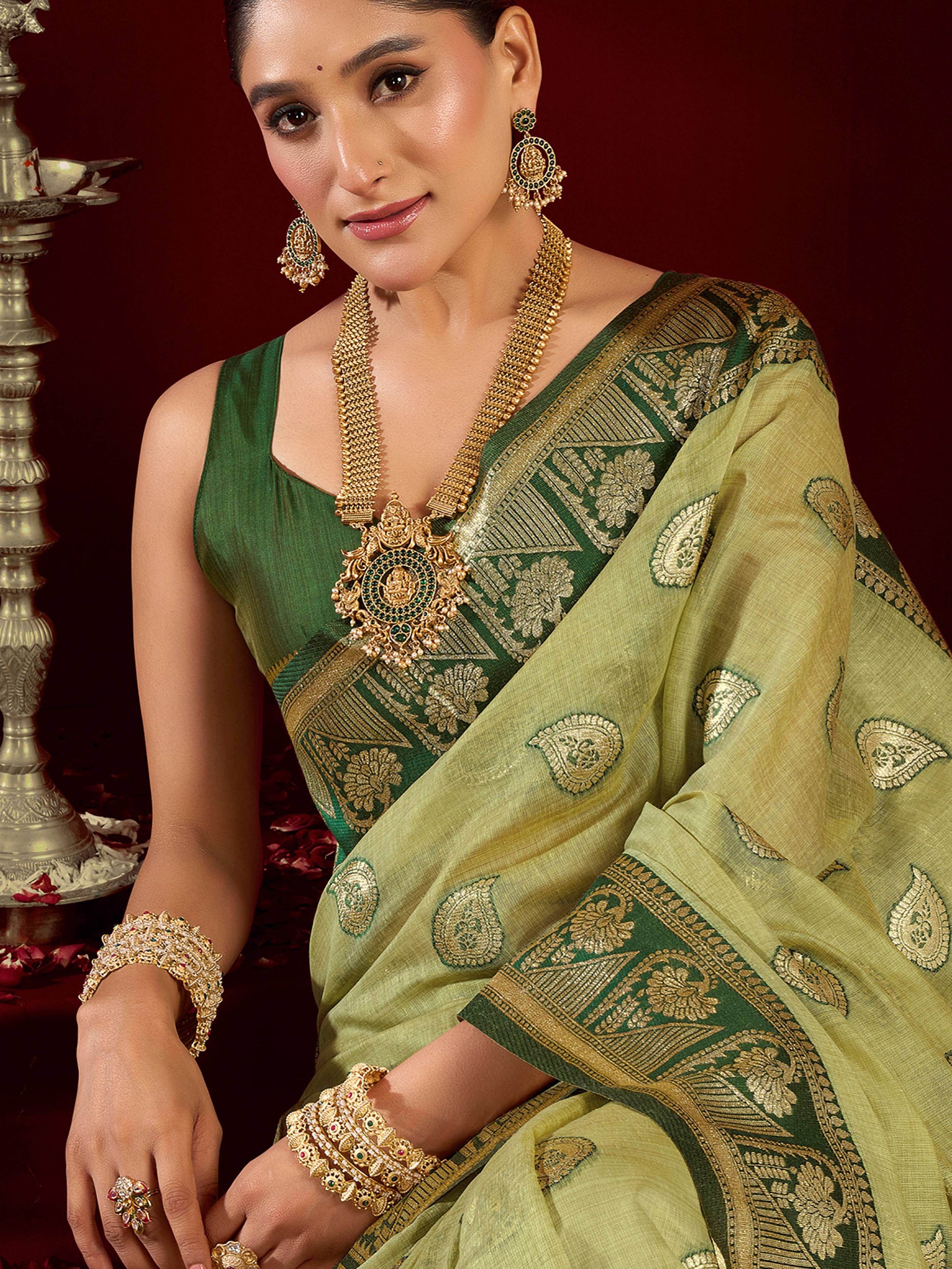 Regal Green Zari Weaving Banarasi Silk Mehendi Wear Saree With Blouse