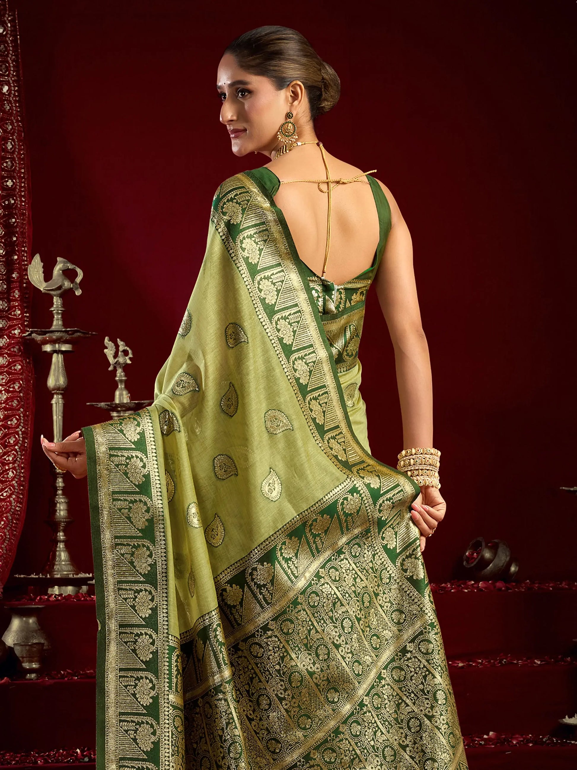 Regal Green Zari Weaving Banarasi Silk Mehendi Wear Saree With Blouse