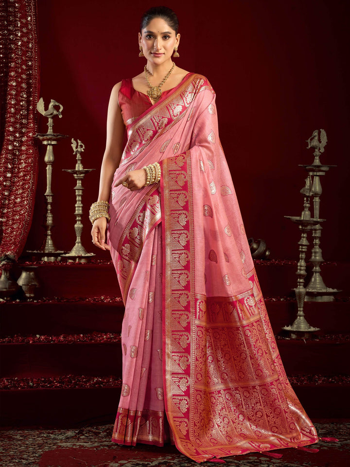 Pretty Pink Zari Weaving Banarasi Silk Designer Saree With Blouse