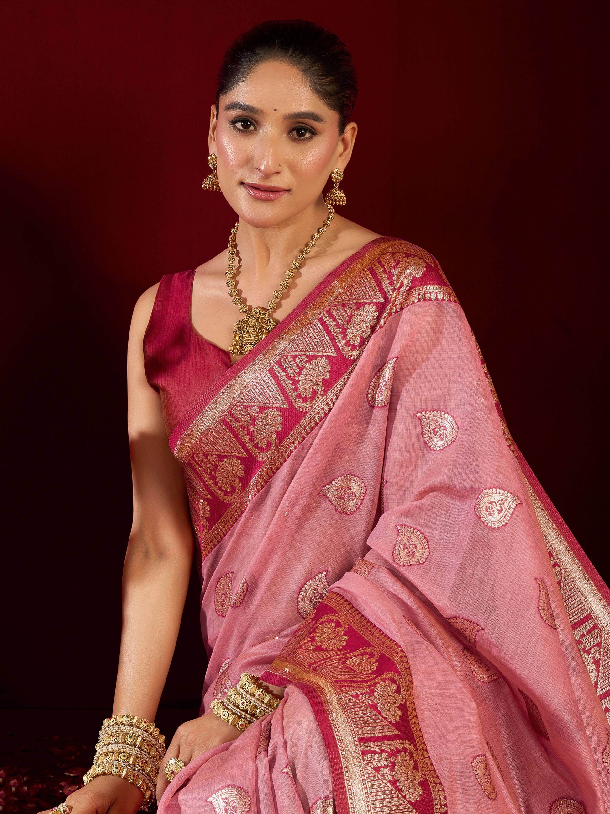 Pretty Pink Zari Weaving Banarasi Silk Designer Saree With Blouse