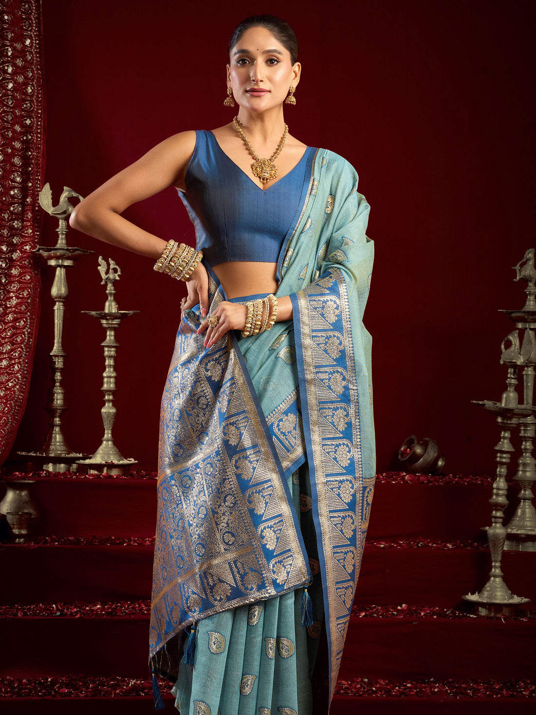 Beautiful Blue Zari Weaving Banarasi Silk Traditional Saree With Blouse