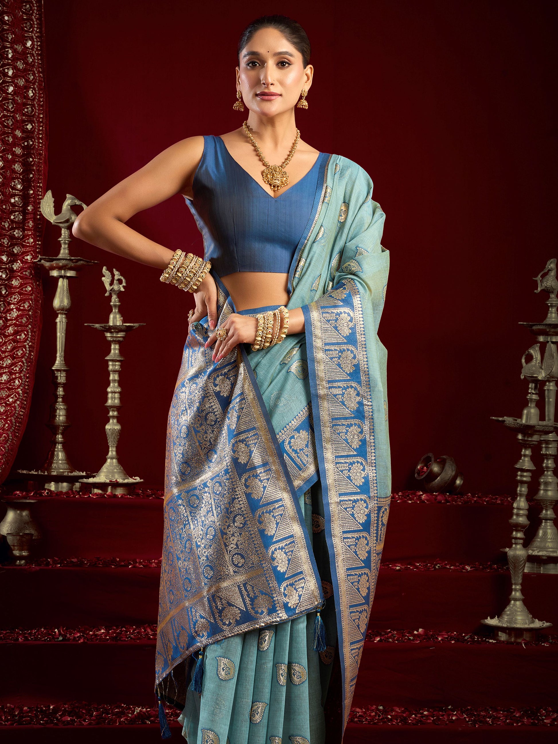 Beautiful Blue Zari Weaving Banarasi Silk Traditional Saree With Blouse
