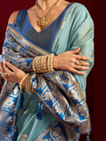 Beautiful Blue Zari Weaving Banarasi Silk Traditional Saree With Blouse