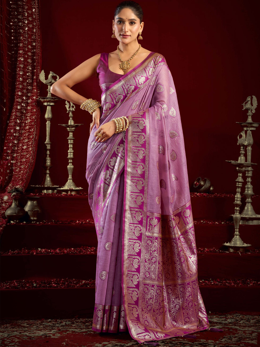 Stunning Purple Zari Weaving Banarasi Silk Marriage Wear Saree With Blouse