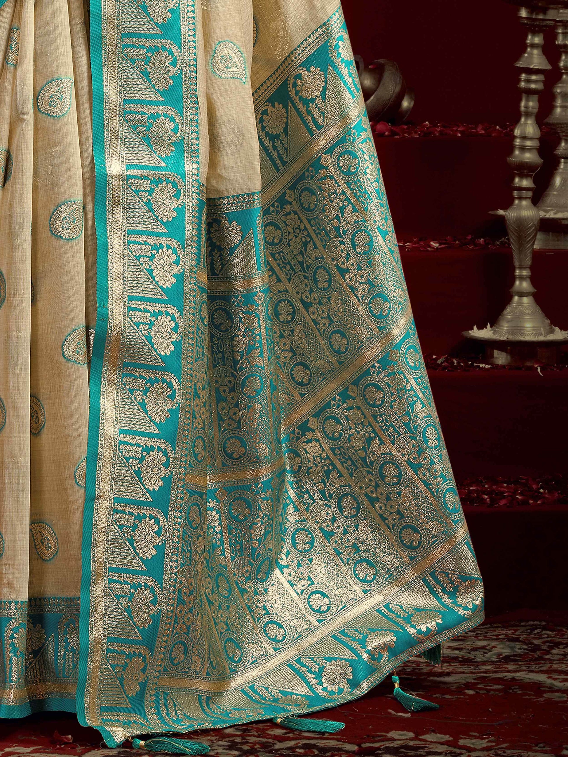 Timeless Beige Zari Weaving Banarasi Silk Festive Wear Saree With Blouse