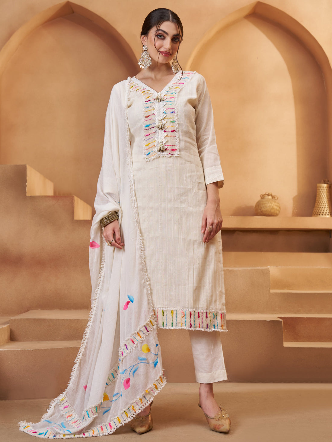 Timeless Off-White Joot Work Cotton Traditional Pant Suit With Dupatta
