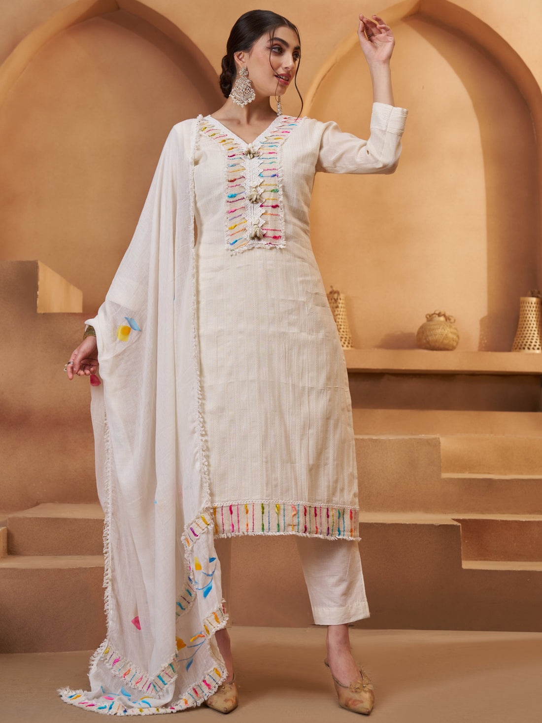 Timeless Off-White Joot Work Cotton Traditional Pant Suit With Dupatta